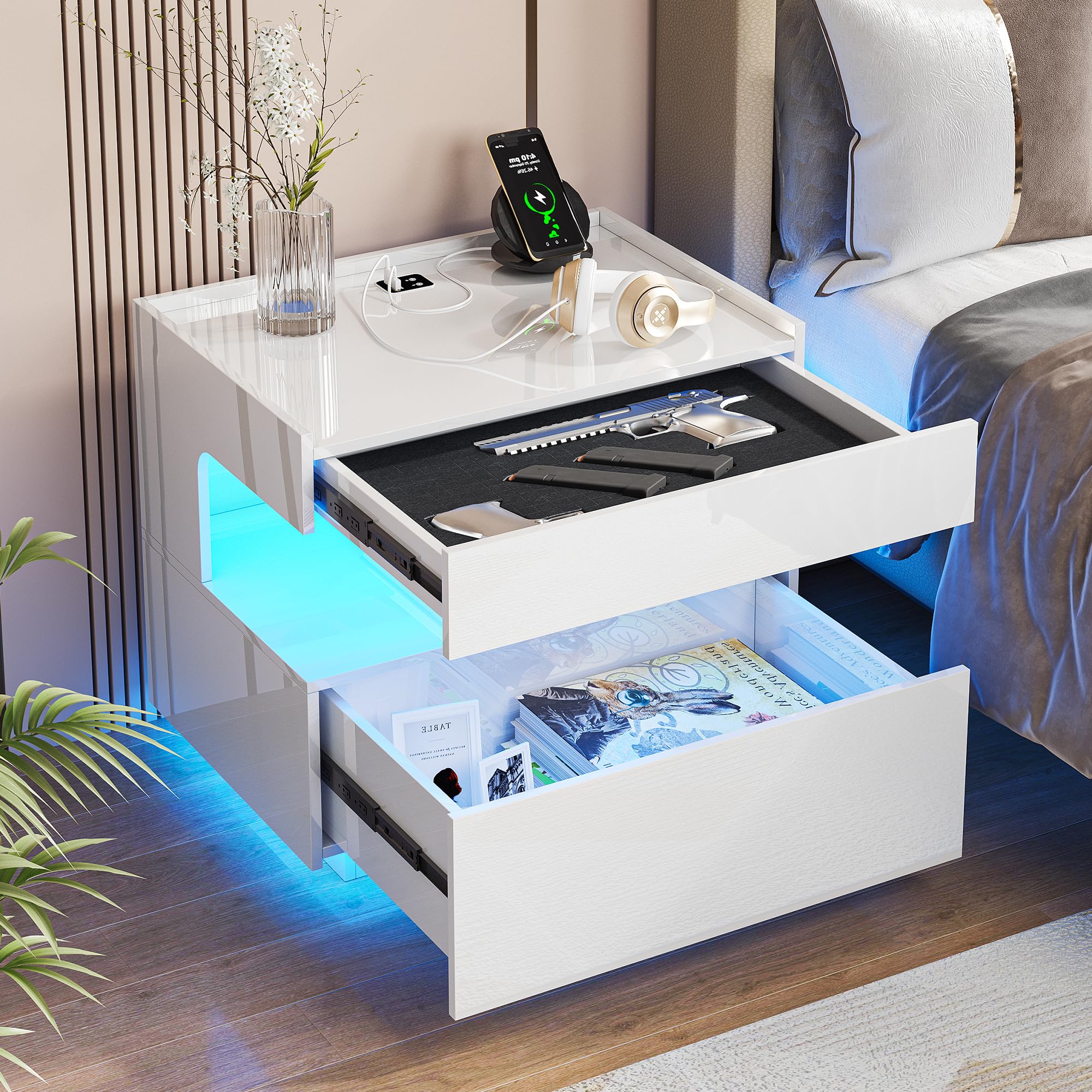 Vlsrka LED Nachttisch mit Ladestation, Nachttische mit USB-Anschlüssen | Moderner Nachttisch mit Bewegungssensor und LED-Beleuchtung, Beistelltisch mit 2 Schubladen für das Schlafzimmer, Weiß