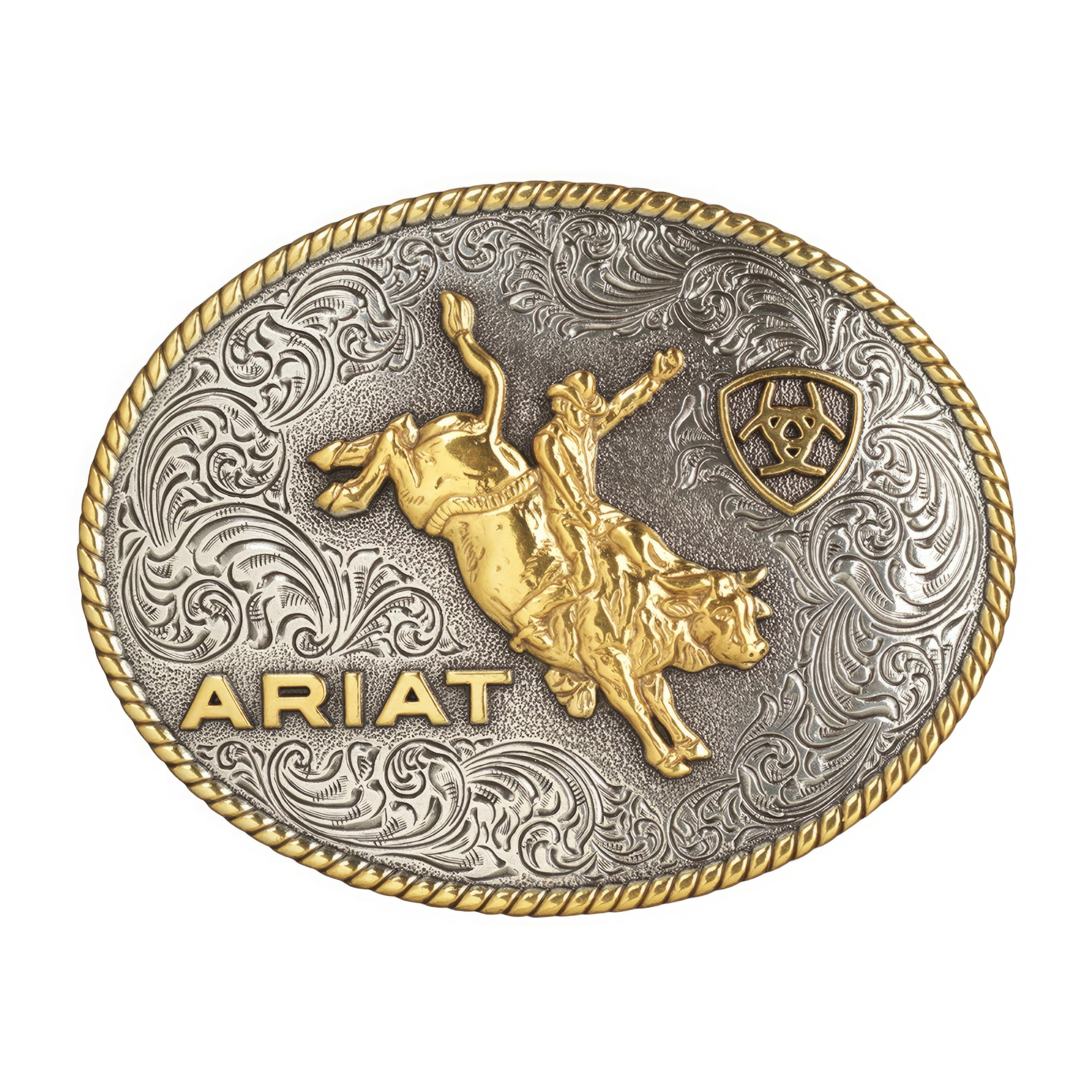 Ariat Unisex Silver Oval Buckle With Bull Rider Motif, Rope Edge, Antique And Gold Finish, 4" X 3"