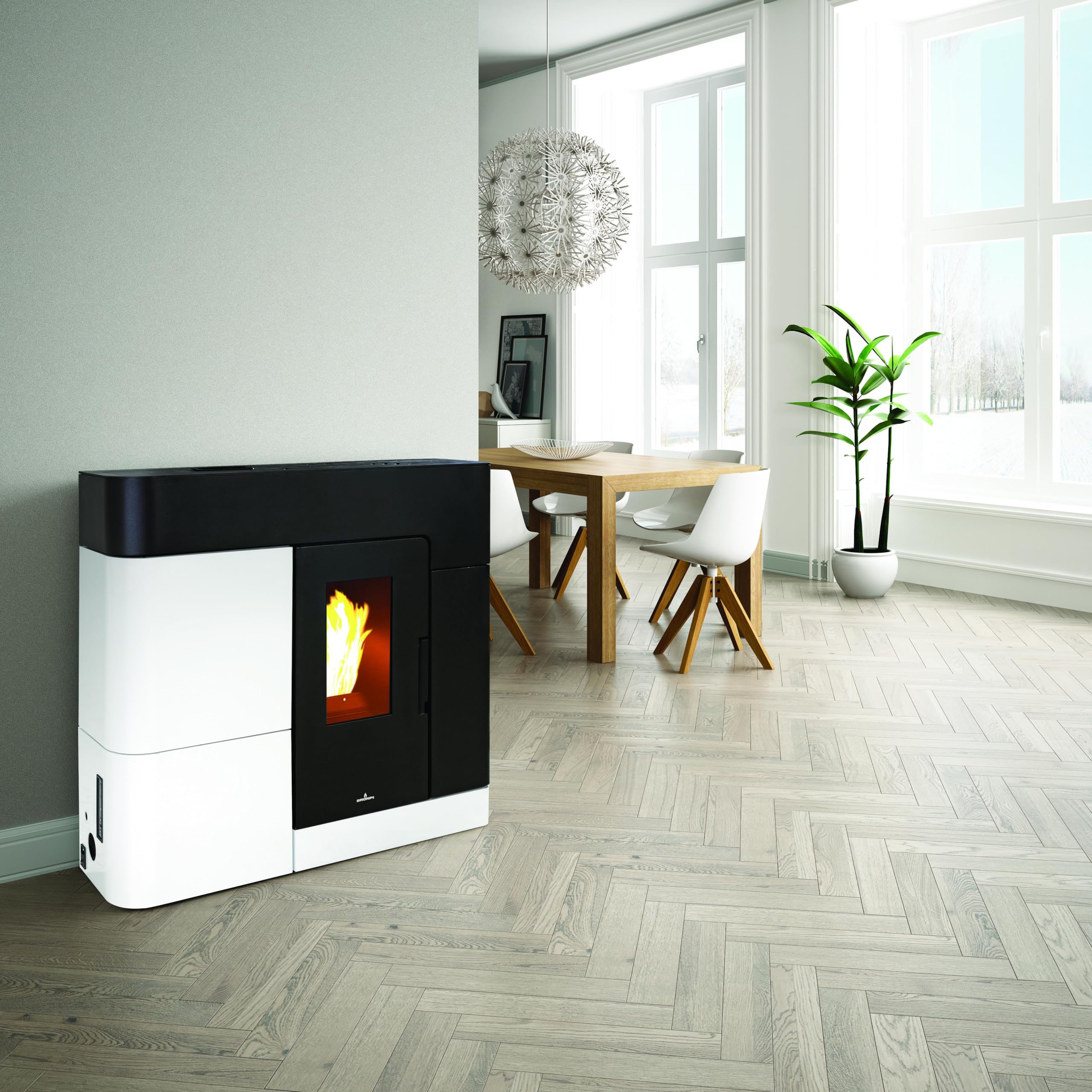 Maestro Ferretero - Estufa de Pellet Extraplana Hydro Negro Y Blanco de 18 kW, 61419 BTU, Ventilación Directa, Alta Eficiencia, Montaje en Piso, Hierro Fundido y Acero Inoxidable