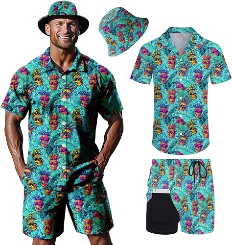 Nhjk Skull Pineapple Men's Hawaiian Matching Set Shirt and Short Beach Casual Ra