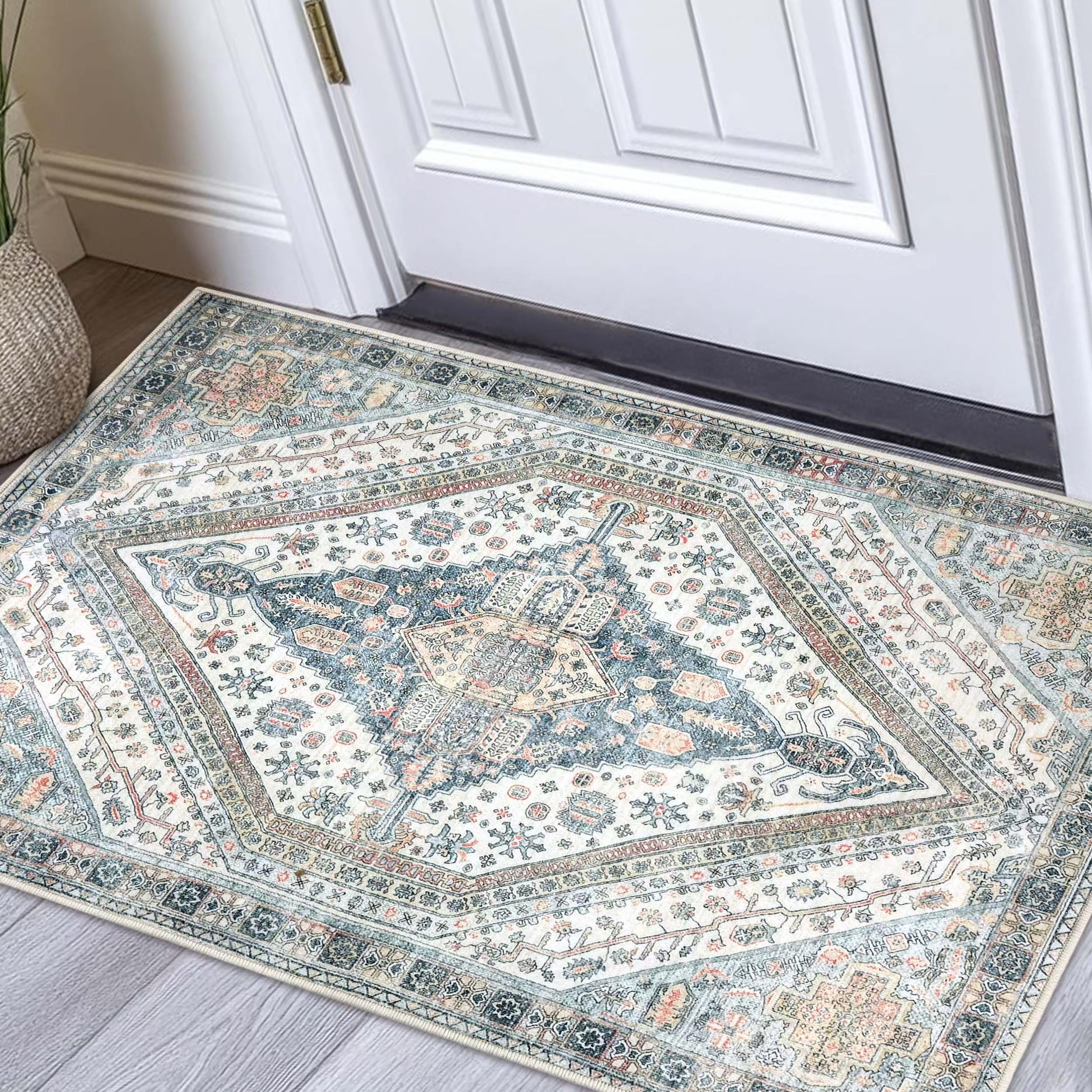 Vintage Front Door Rug Boho Area Rug 2x3ft Washable Non-Slip Soft Indoor Doormat Small Oriental Rug Low Pile