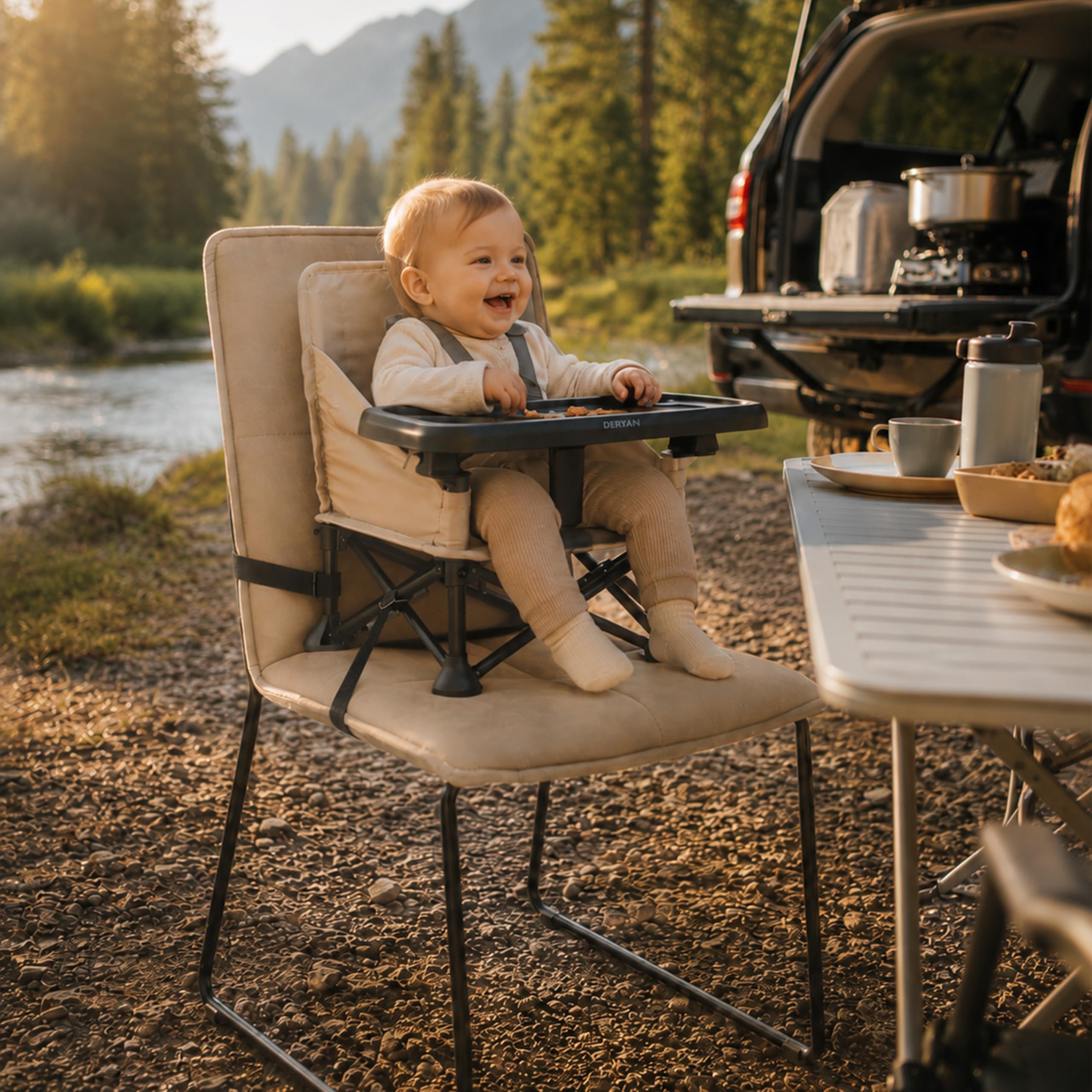 Deryan Pop 'N Sit Mini Rehausseur de Chaise Pliable pour Bébé - 6 à 36 Mois - Jusqu’à 15 kg - Harnais 3 Points - Plateau Amovible - 4 Sangles de Fixation - Sac de Transport - Nougat