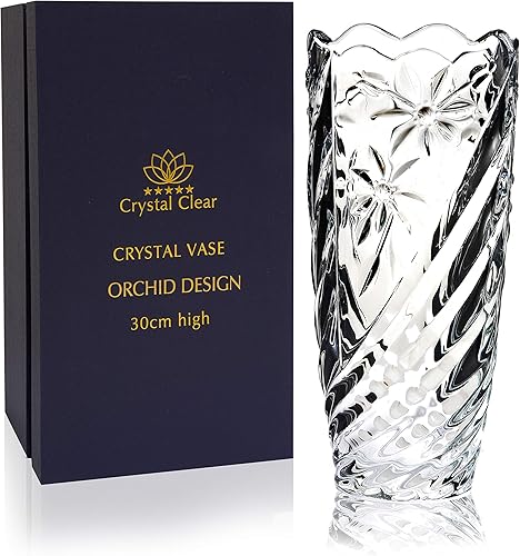 Jarrón de cristal CS de 12 pulgadas de alto, diseño de orquídea, para flores y decoración. Bonita pieza brillante. Perfecto como regalo, adecuado