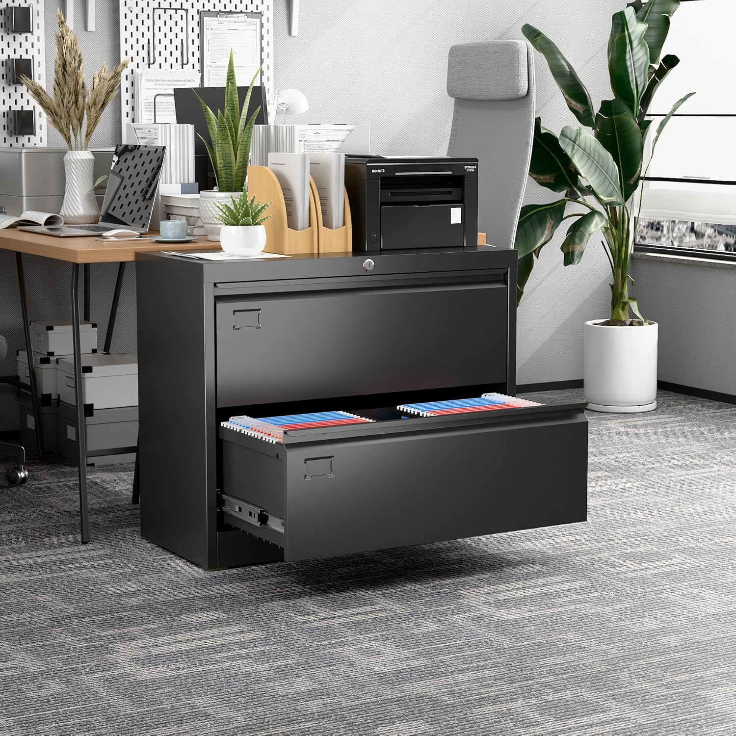 Pemberly Row 2-Drawer Steel Metal Lateral Locking Filing Cabinet, Black Finish, 29.53" H x 34.5" W x 15.75" D, Adjustable File Bars, Anti-Tilt Mechanism, Full-Extension Slides, Secure Office Storage