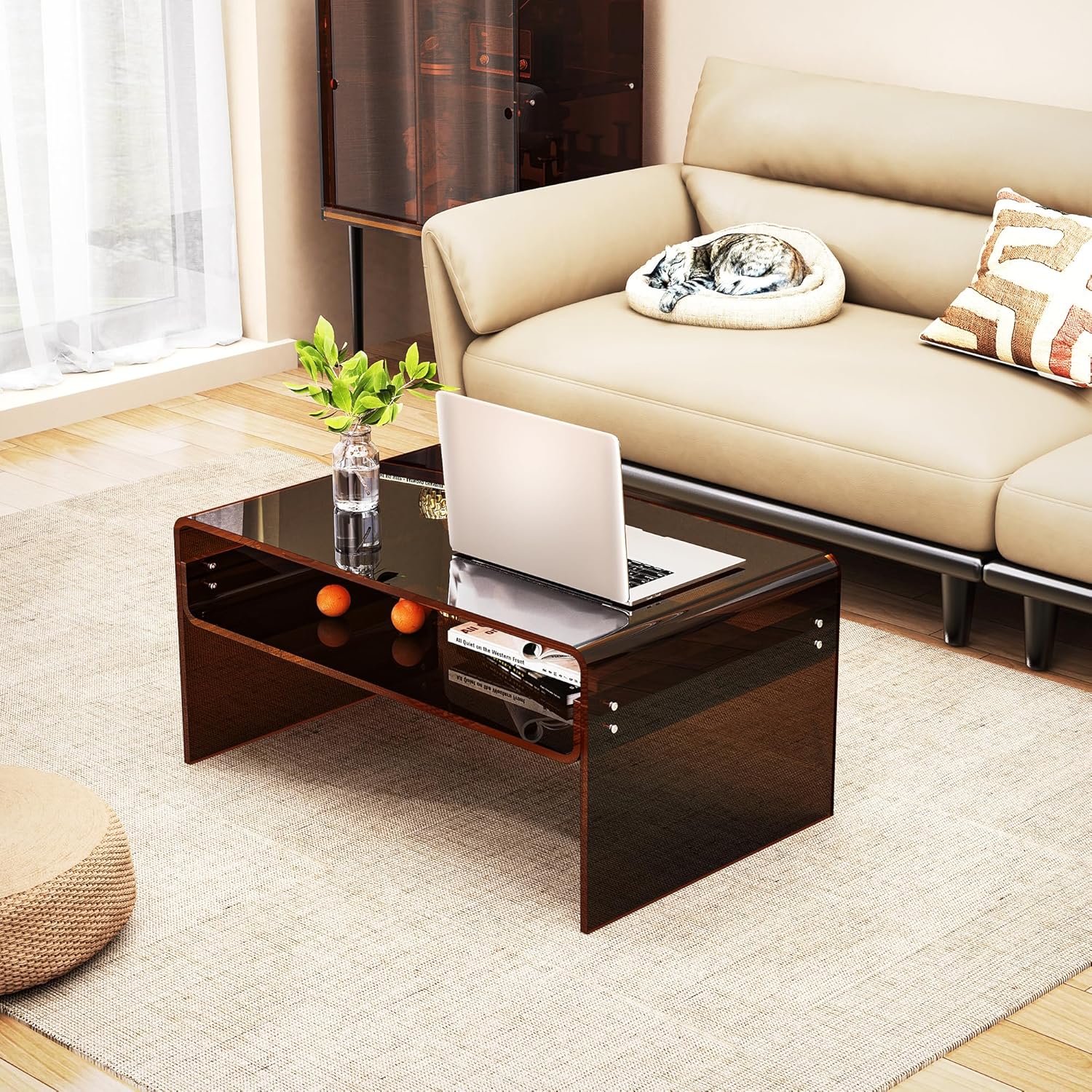 Acrylic Coffee Table for Living Room Clear Rectangle Lucite Table with Open Storage Shelf (1, Dark Brown, Large) Large Dark Brown 1