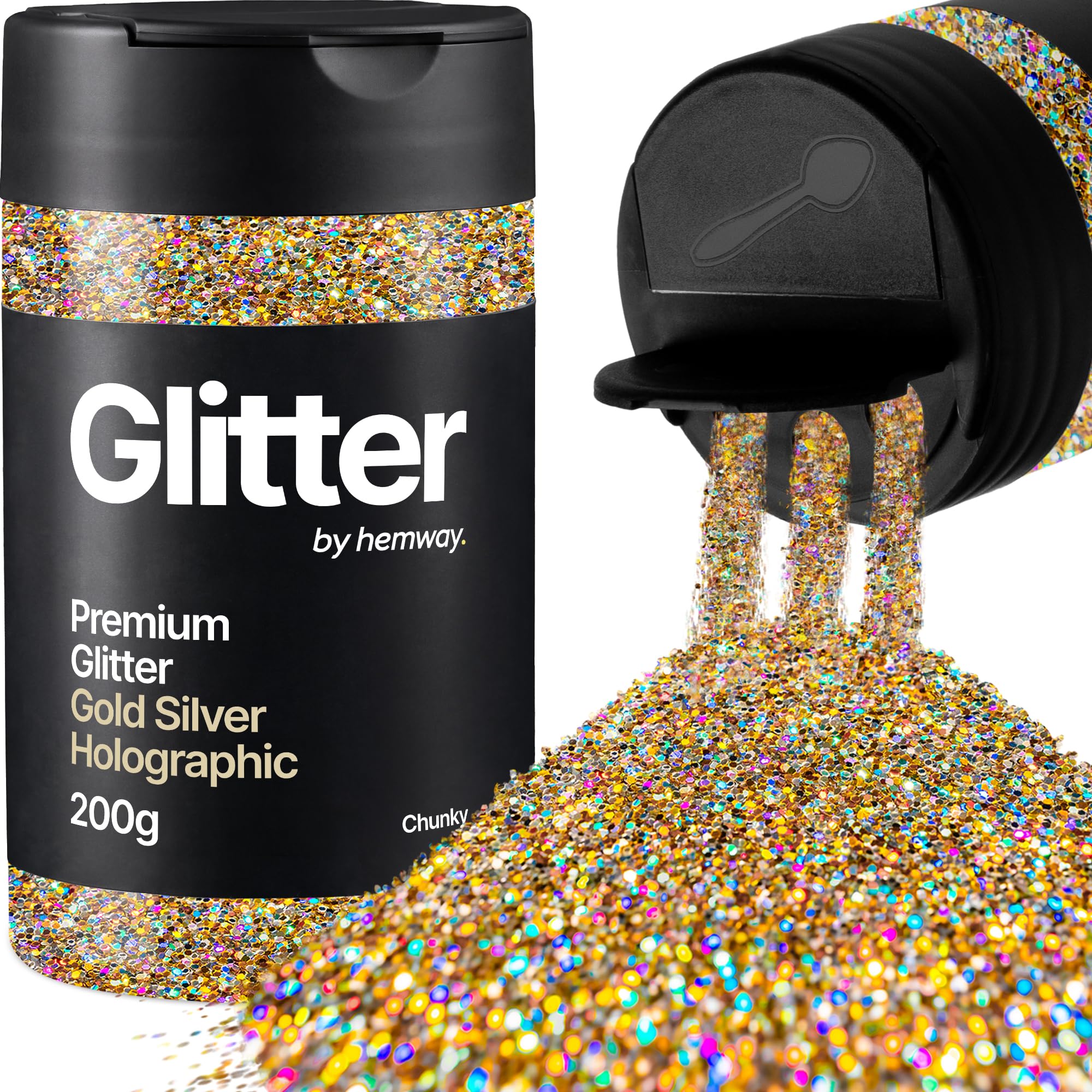 Hemway Gold Silver Holographic Glitter Shaker, 200g Chunky Glitter for Crafts Metallic Flake Sequins for Resin & Epoxy Crafts for Decorating, Halloween, Christmas, Nail, Face, Art