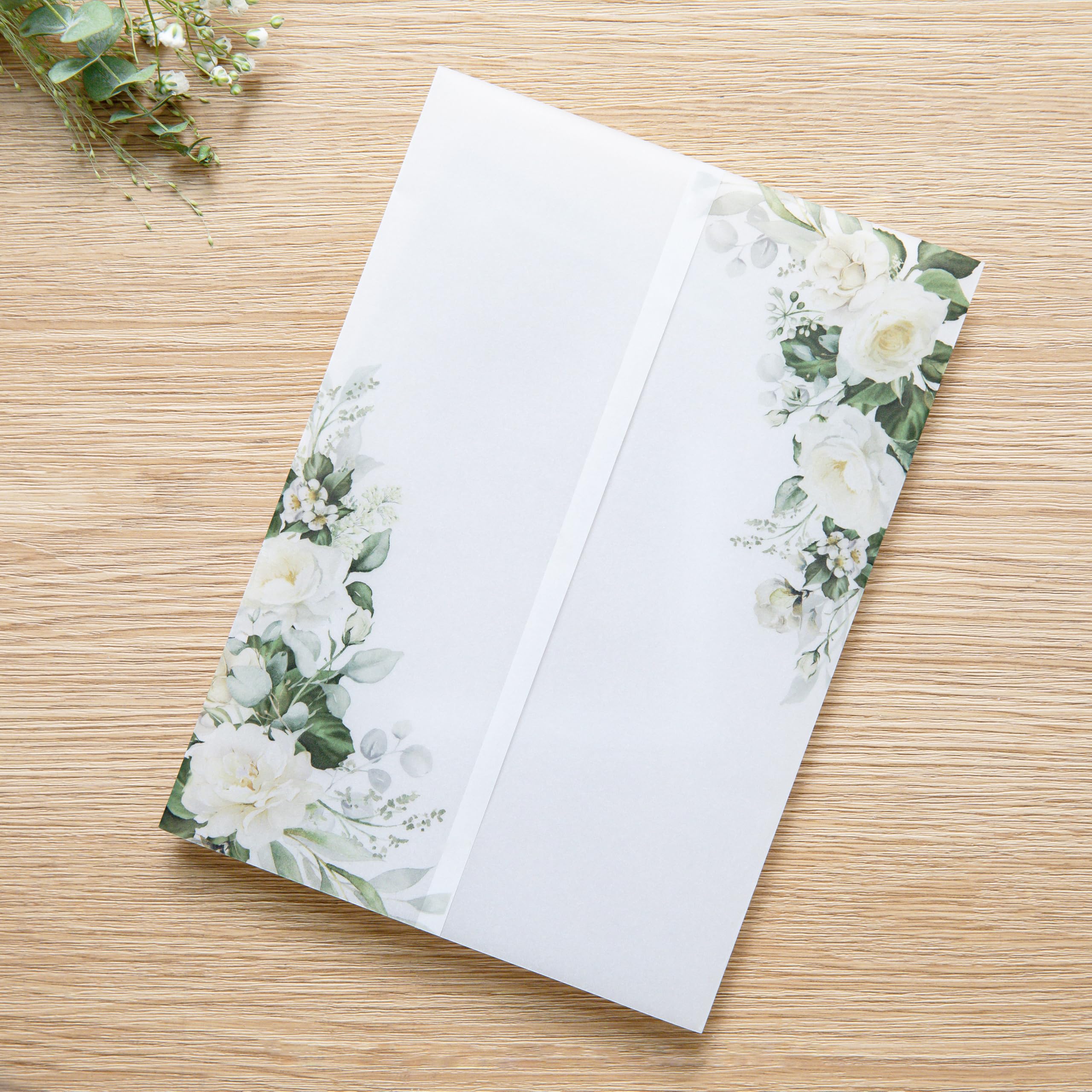 PONATIA 50 PCS Vellum Jackets for 5x7 Invitations- 135gsm White Floral Printed Vellum Sleeves, Quinceanera Wedding Invitation Cards Wraps, Green