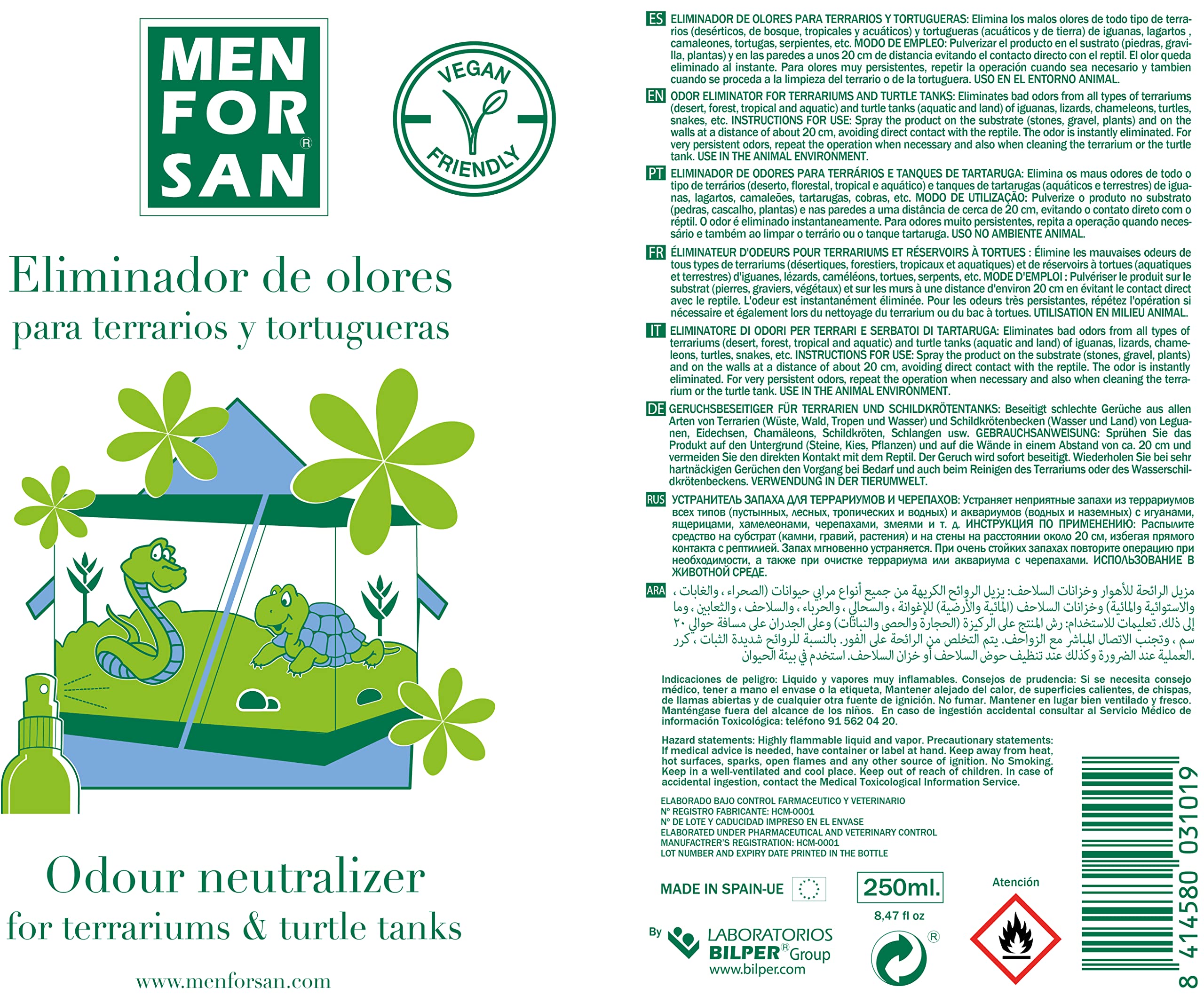 MENFORSAN Eliminador de olores terrarios | Elimina y Erradica los Malos olores | Fragancia Talco Natural | para el Entorno de Cualquier Reptil | 250 ml
