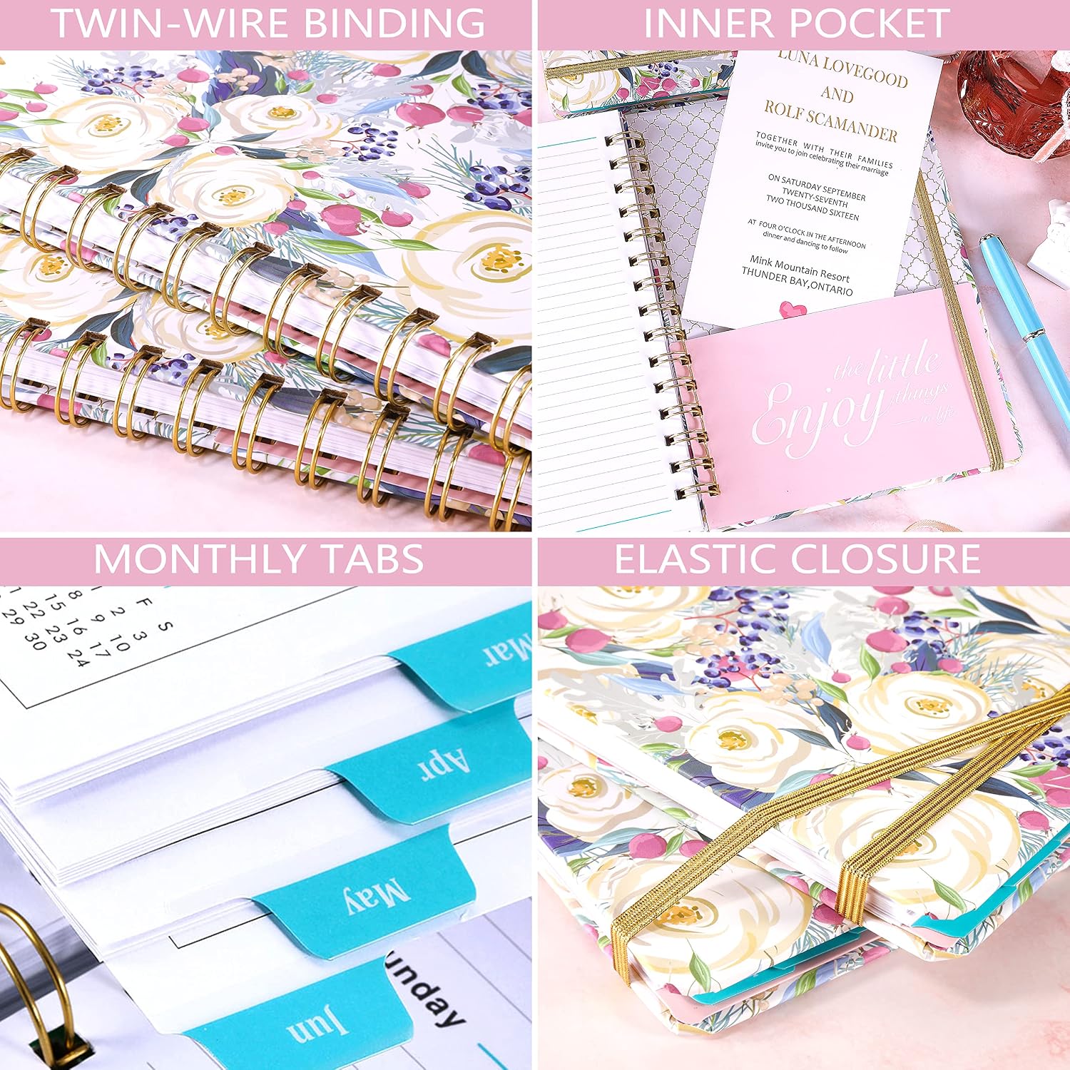 2022 Planner - Weekly & Monthly Planner with Tabs, January 2022 - December 2022, 6.3" x 8.4", Hardcover with Thick Paper + Back Pocket + Banded, Twin-Wire Binding - Purple Floral