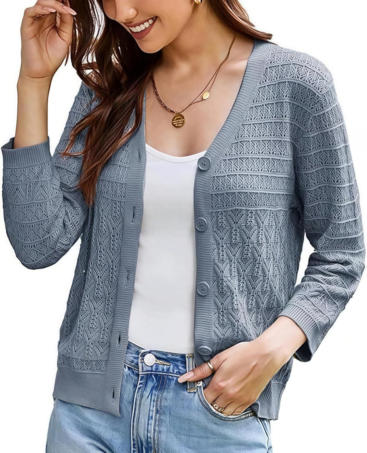 GRACE KARIN Women Lightweigt Crochet Knit Cardigan, 3/4 Sleeve Cropped Shrugs, Spring Button Down Sweaters Tops