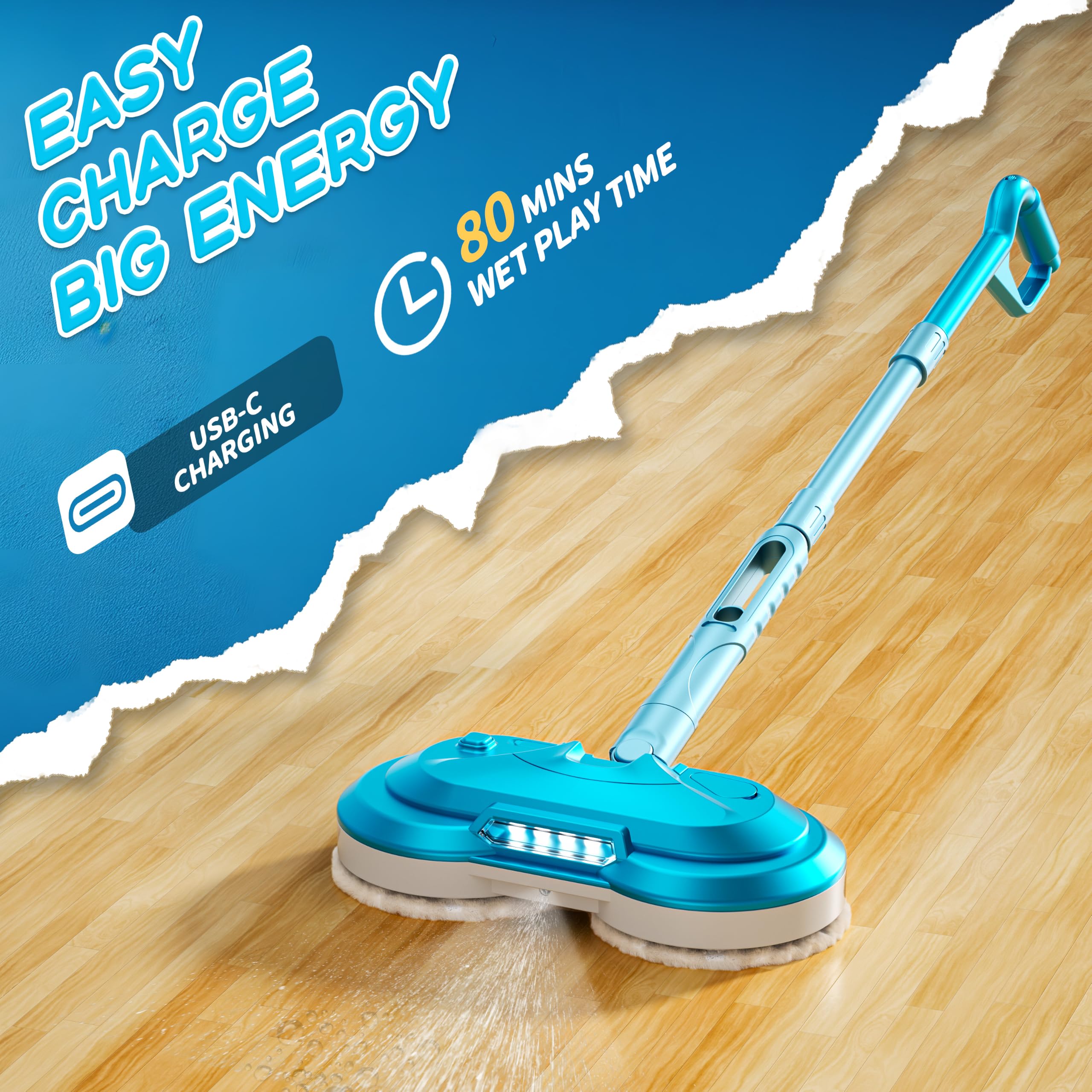 BLAXTEM Giocattolo elettrico per mocio, ricaricabile con spruzzatore d'acqua (azzurro) | Fari a LED, senza fili, giocattolo per la pulizia per ragazzi e ragazze