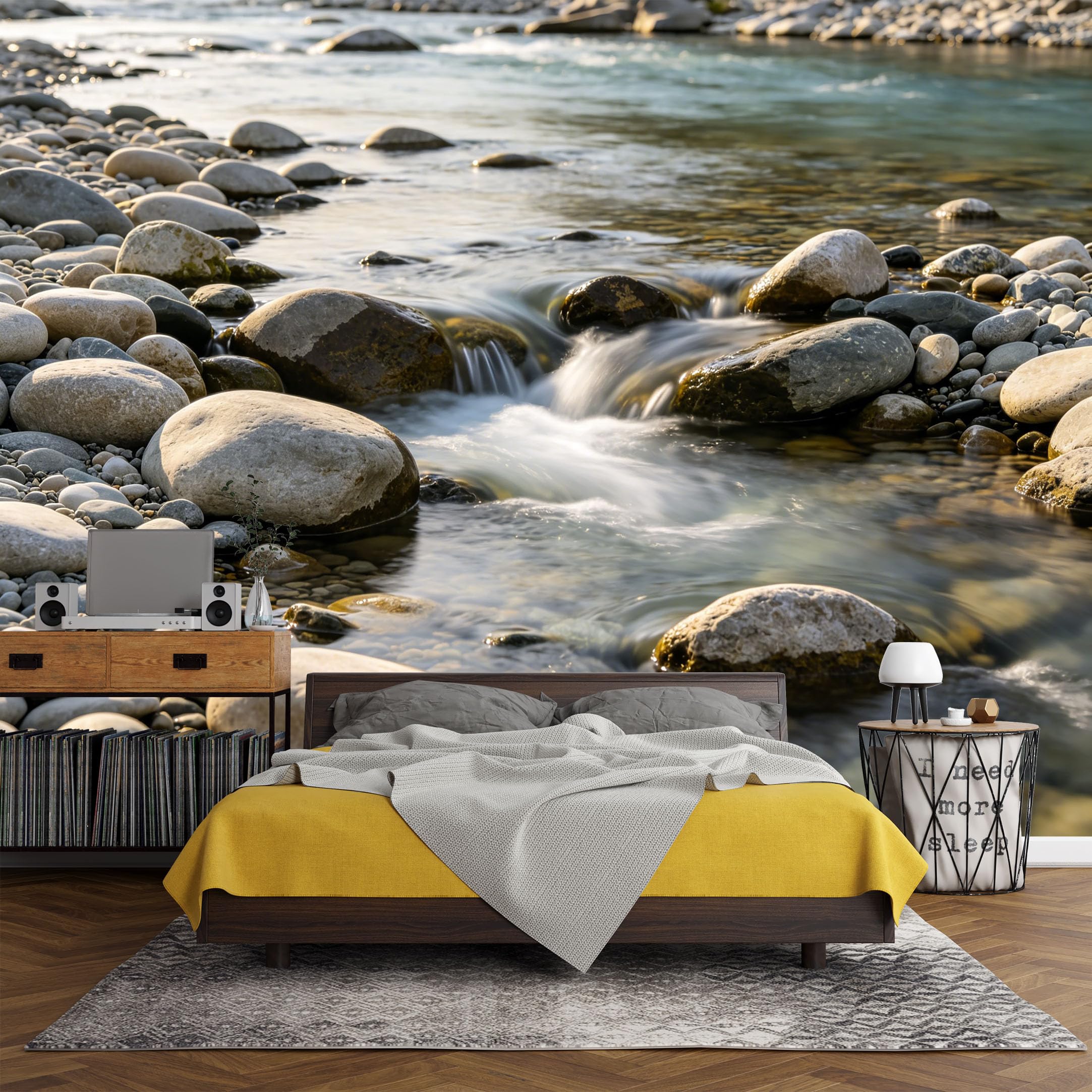 Custom Size Wall Mural， Mountain Stream Pebble River Landscape Nature，SelfAdhesive Art Prints wall Fabric (No PVC) Removable Wallpaper Living Room Decor