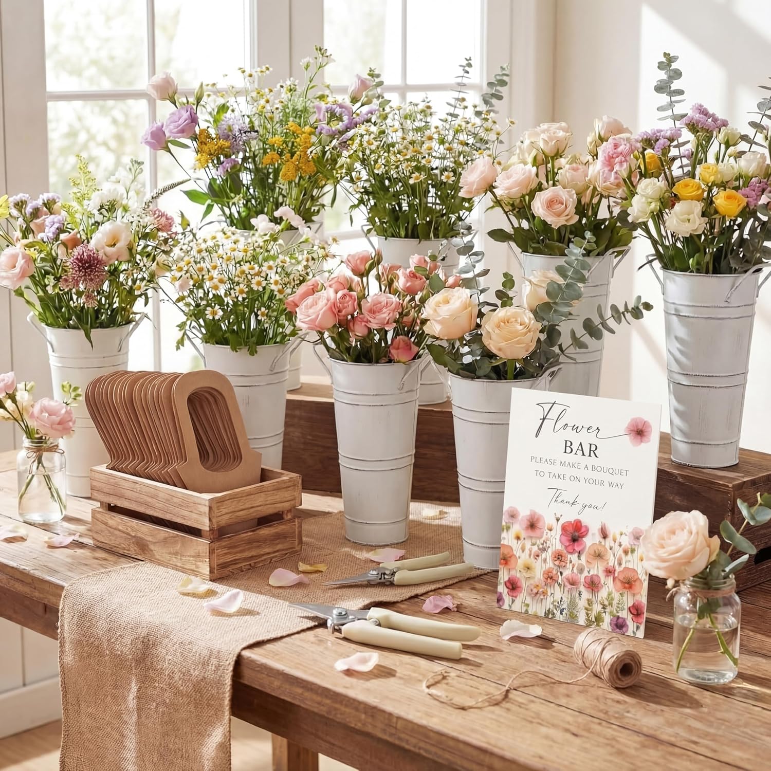 LEIFIDE Flower Bar Buckets Set Kit Bloom Bar Supplies Include Wood Sign Gift Bags Iron Bucket Garden Flower Shears for Wedding Bridal Shower Graduation Birthday Table Centerpieces(45 Pcs,White)