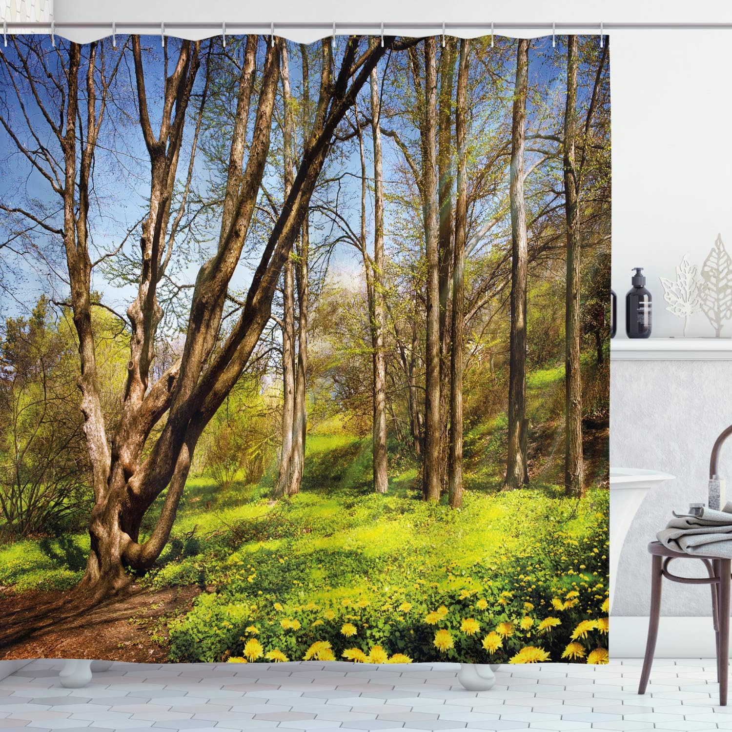 Ambesonne Nature Shower Curtain, Spring Forest Flower Field