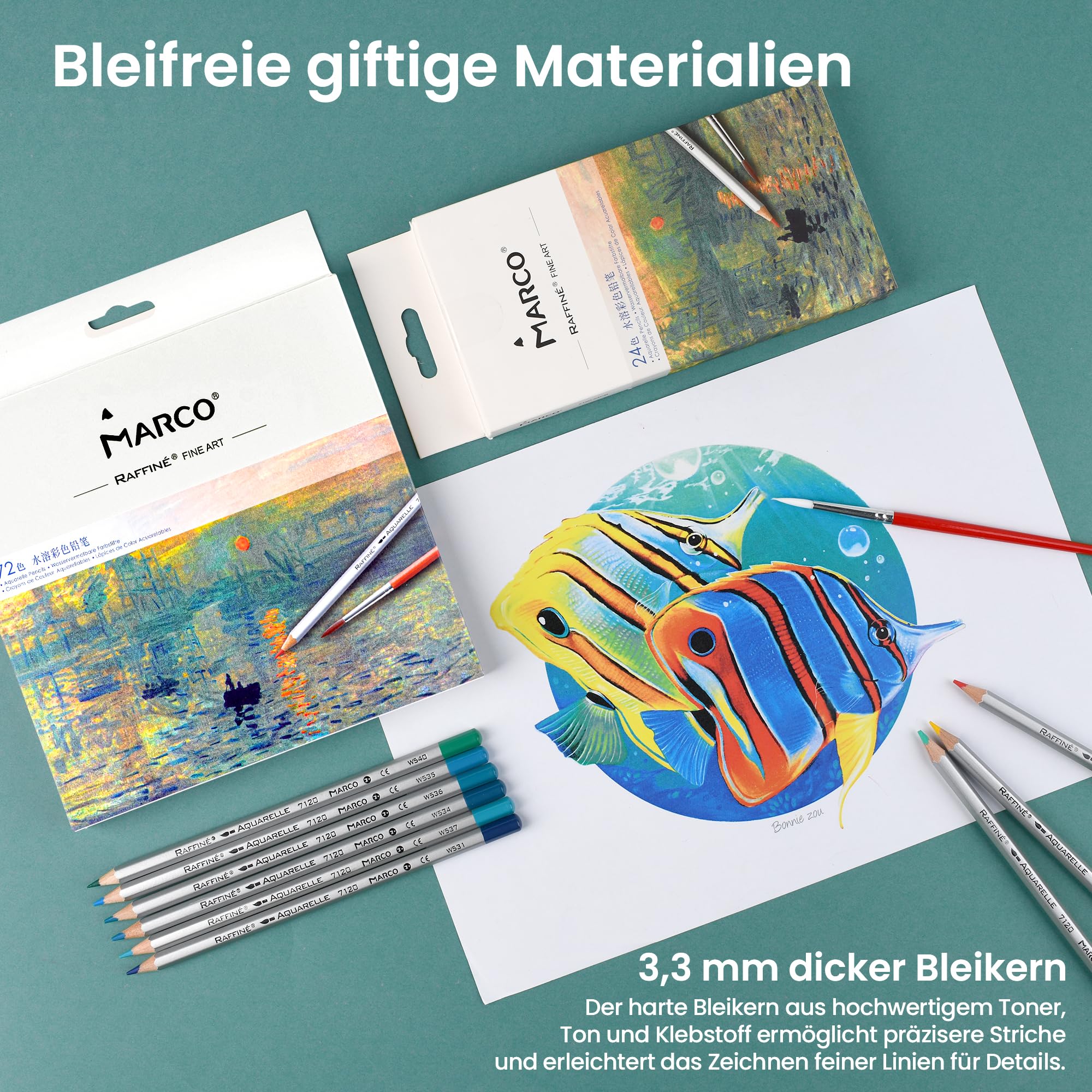 MARCO 7120 Matite Colorate Idrosolubili - 24 Vividi Colori, Mine Grosse a Gesso in Legno Esagonale, Scatola di Carta per Pittori Professionistie Amanti della Pittura