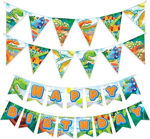 Treasures Gifted Juego de pancarta de cumpleaños de dinosaurio 3-1 y 2 banderines - Decoraciones de dinosaurios para fiesta de cumpleaños -