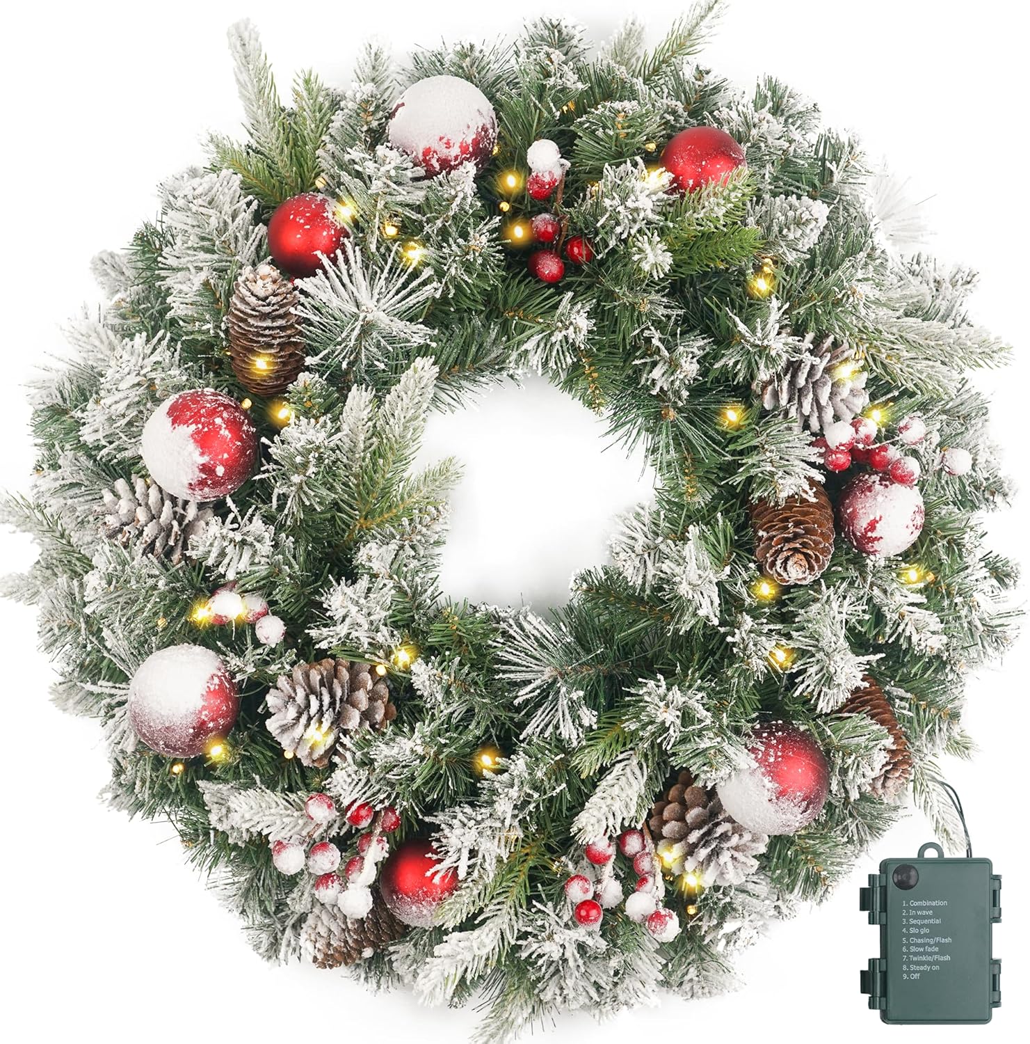 Flocked Christmas Wreath Pre-lit 24 inch with 50 Light & Red Ball Pine Cone, Artificial Christmas Wreaths for Front Door with Lights, Wreath for Christmas Decoration Door Windows Wall Green
