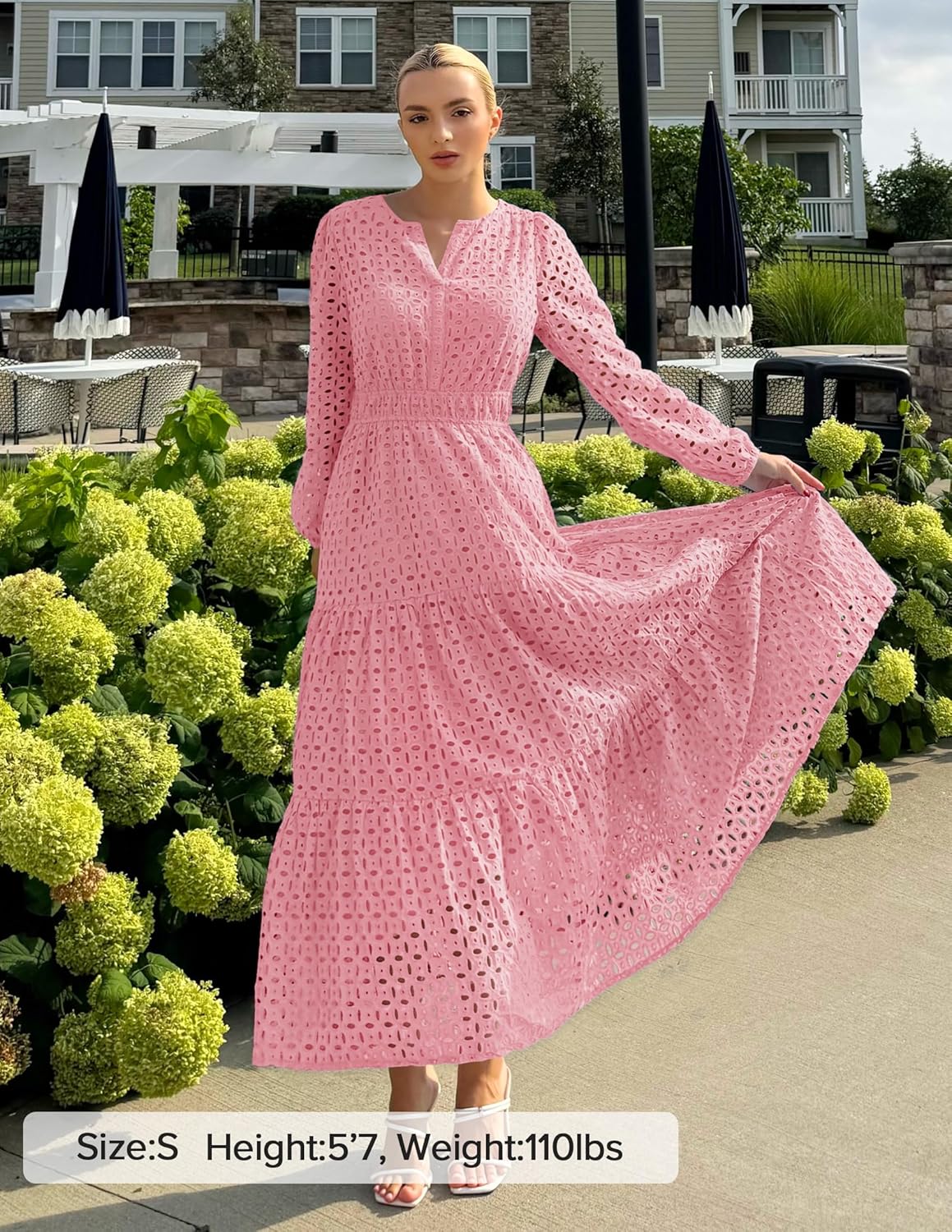 ZESICA Women's 2026 Spring Long Sleeve Maxi Dress V Neck Hollow Out Eyelet A Line Long Flowy Casual Party Dresses - Image 6