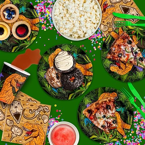 Miniatura 6 de Juego para fiesta de cumpleaños de dinosaurio T-rex rugiendo, equipo de abundantes suministros platos, servilletas, vasos de Vajilla para 16 de