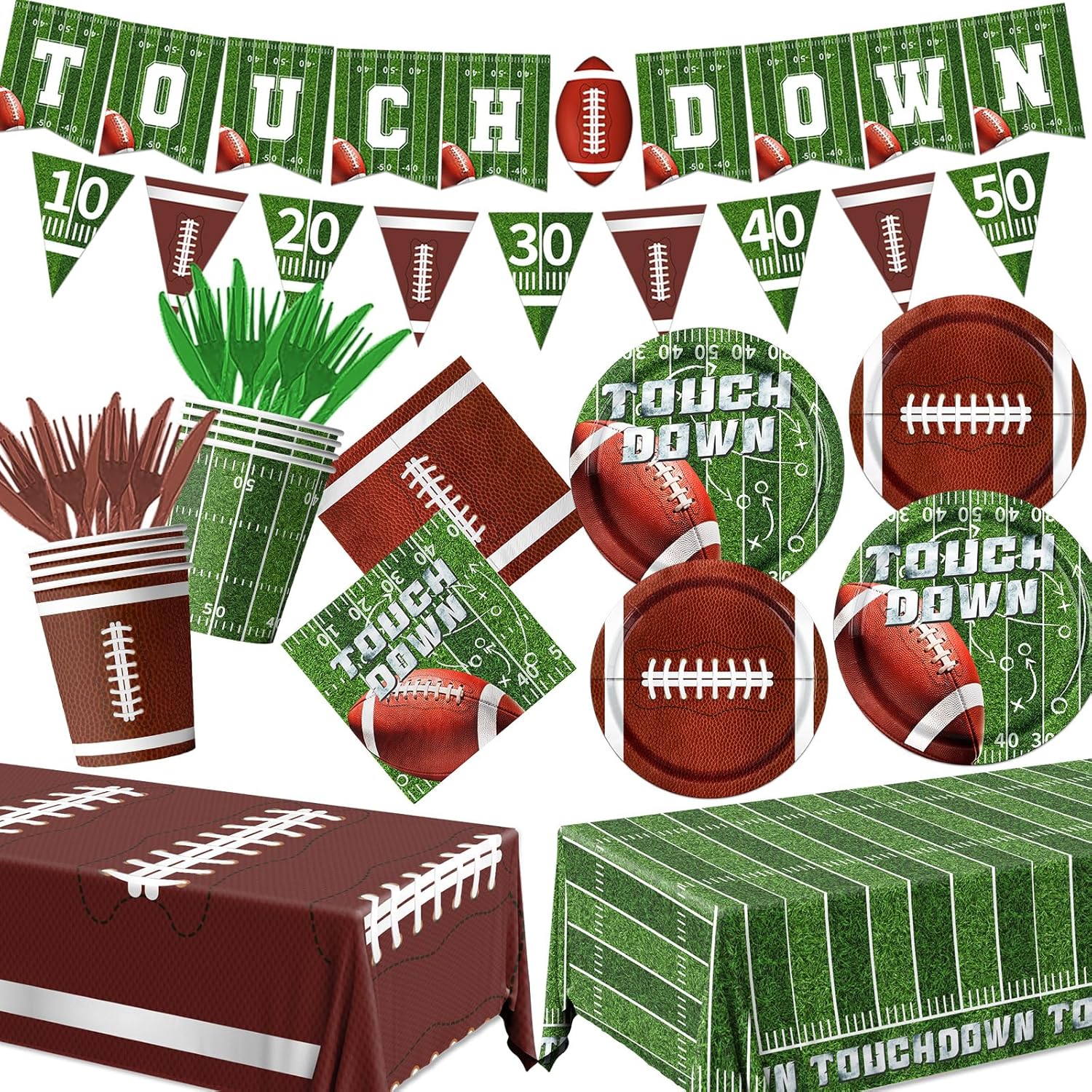 Football Party Decorations, Football Plates Napkins Tablecloth Banner Touch Down Football Party Supplies Kit for Football Game Day Tailgate Party, Football Birthday Party Decorations, Serve 25