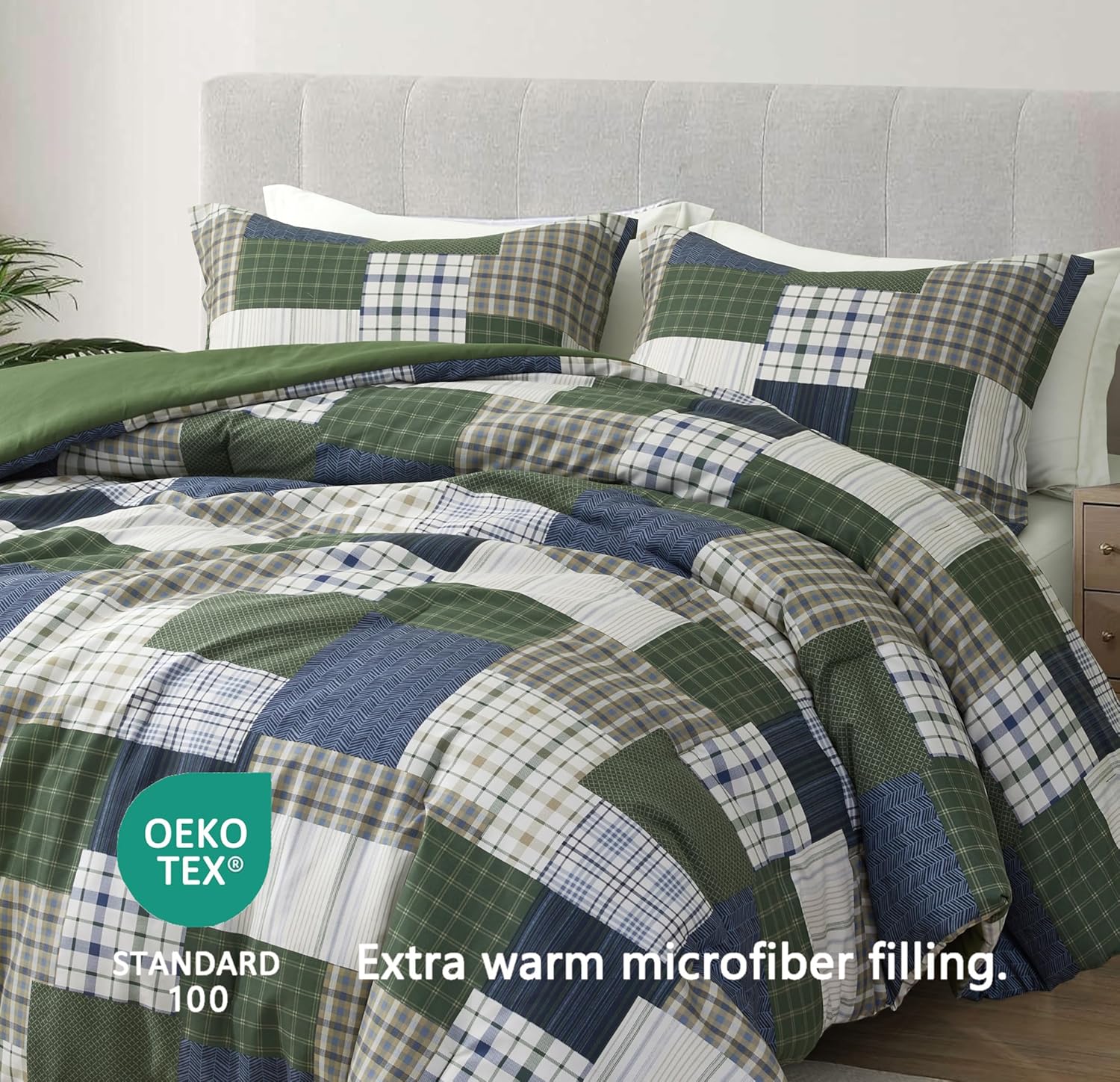 Chezmoi Collection Cedar 3-Piece Printed Patchwork Comforter Set - Green Navy Plaid Striped - Pre-Washed Microfiber Lightweight Reversible Bedding for All Seasons, Queen Size