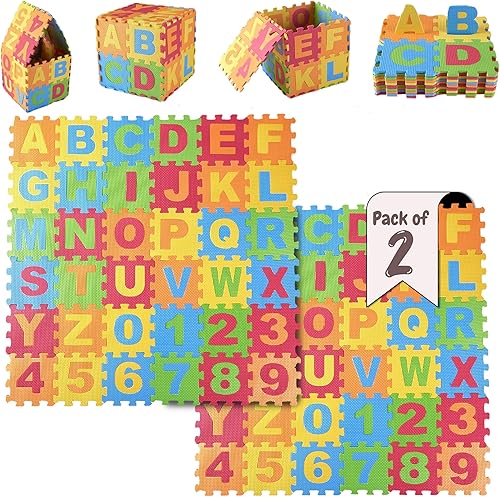 DIMPLE Tapete de juego de espuma para niños (72 piezas en total) 6.25 x 6.25 pulgadas entrelazados del alfabeto y los números, rompecabezas de suelo