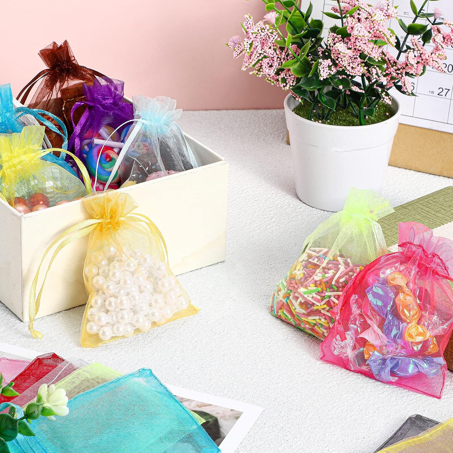Hoolerry 500 Pcs Organza Gift Bags Jewelry Small Mesh Drawstring Sachet Wedding Favor Bracelet Bags for Packaging Jewelry Pouches Small Gifts(3 x 4 Inch,Multicolor)