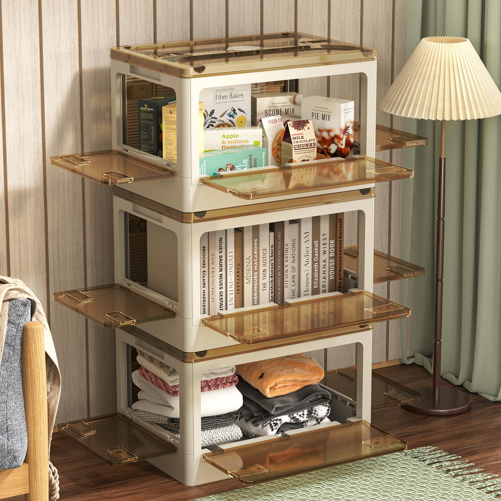 Photo 1 of Stackable Storage Bins with Lids Plastic Foldable Box Collapsible Plastic Storage Bins With Wheels Five Ways Opening Closet Organizers And Storage for School, Home Storage (40 Qt-3 Packs, White) 40 Qt-3 Packs White