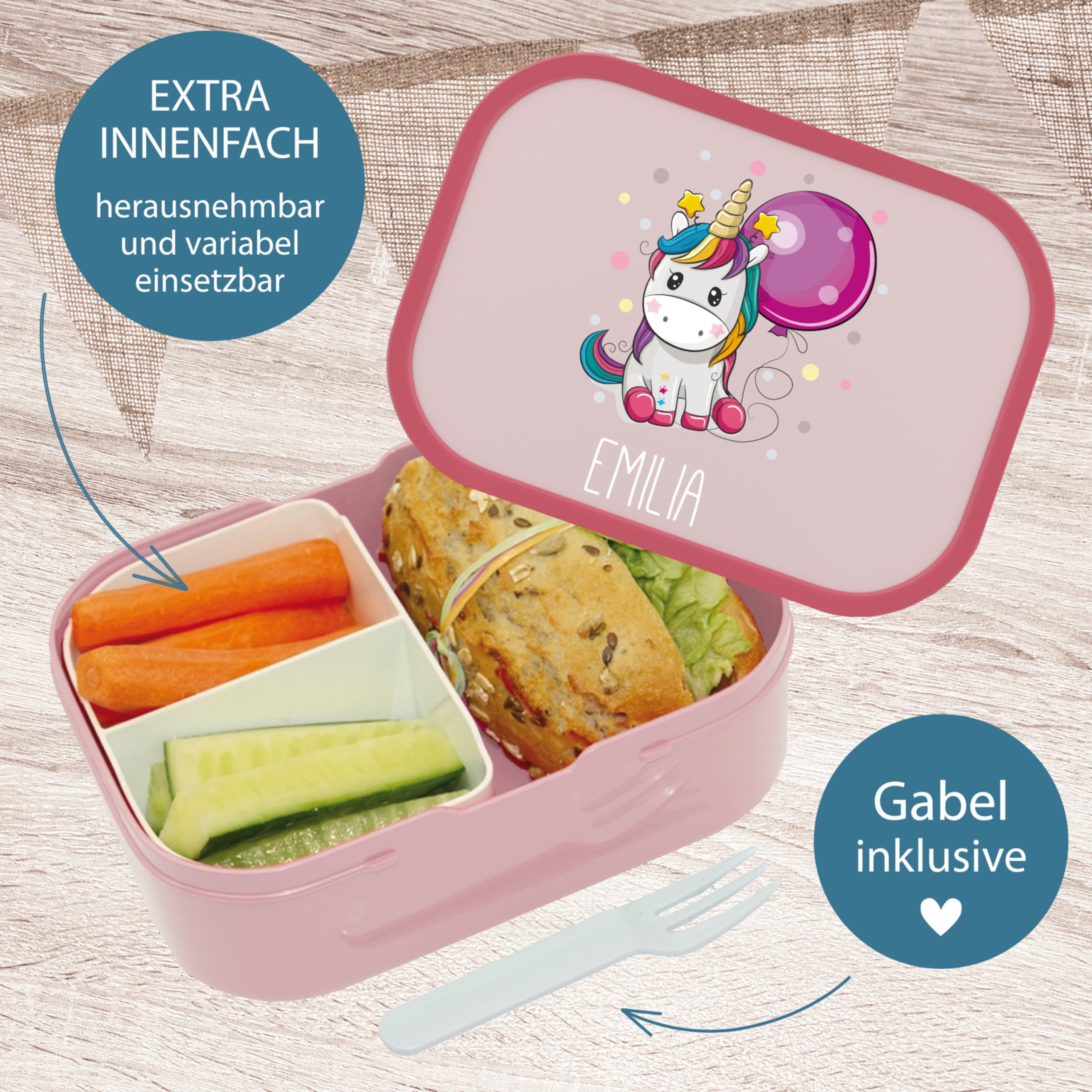 4youDesign Set: pinke Brotdose und Trinkflasche für Kinder -EINHORN- personalisiert mit Namen – inkl. Bento Box, Gabel & Pop-Up Flasche, Einschulung, Schule (Cool Pink)