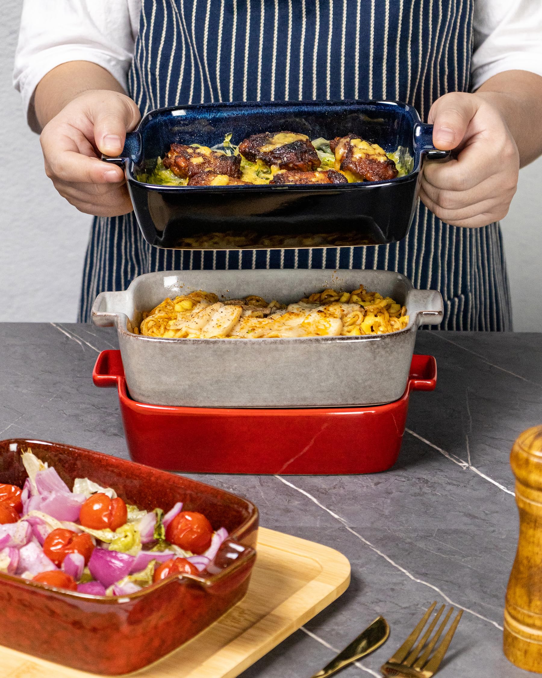 HENXFEN LEAD Małe formy do pieczenia, porcelanowe formy do zapiekanek, prostokątne, do lasagne, brownies, warzyw, 4-częściowy zestaw foremek do pasztetów z ceramiki, cztery kolory.