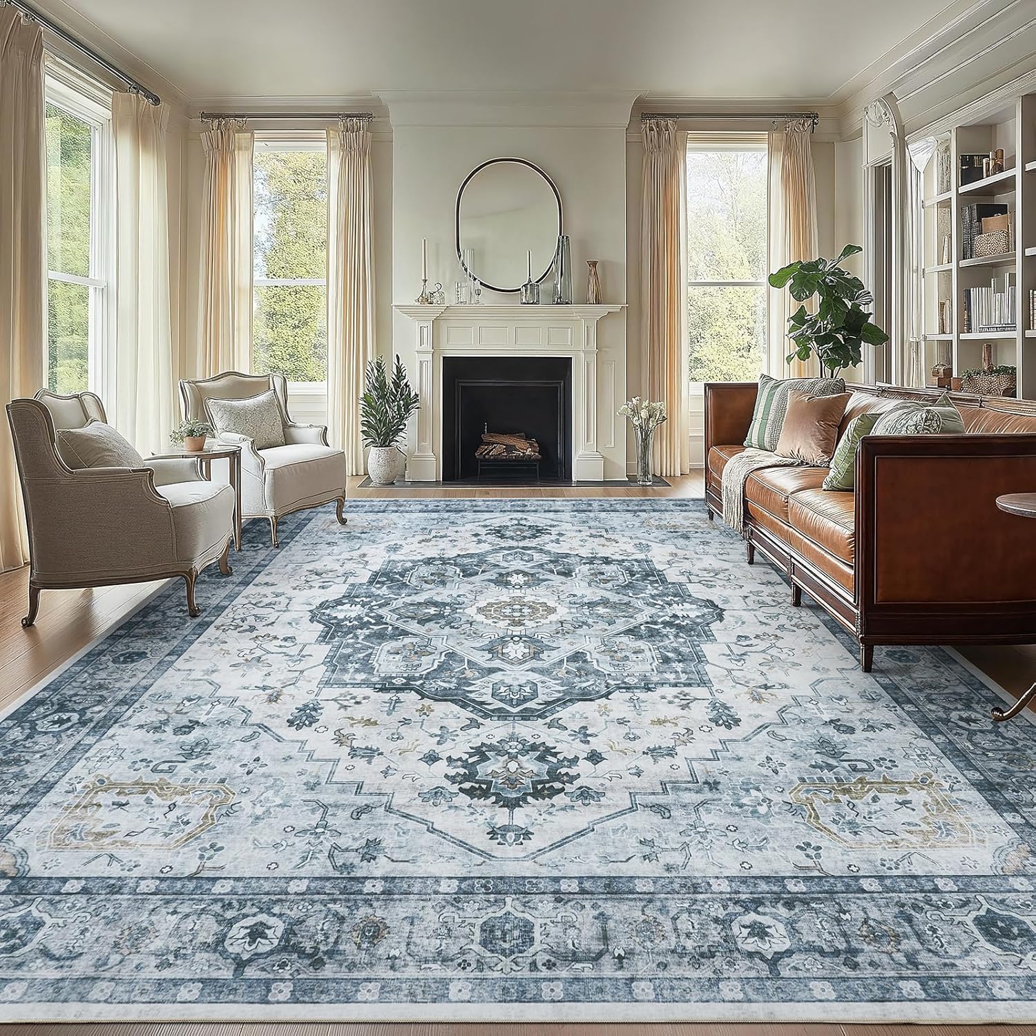 AMADA HOMEFURNISHING 9x12 Area Rug, Washable Low-Profile Large Area Rug with Non-Slip Backing & Durable Edge Binding, Vintage Large Rugs for Living Room, Bedroom Light Blue 9' x 12' (Rectangular)