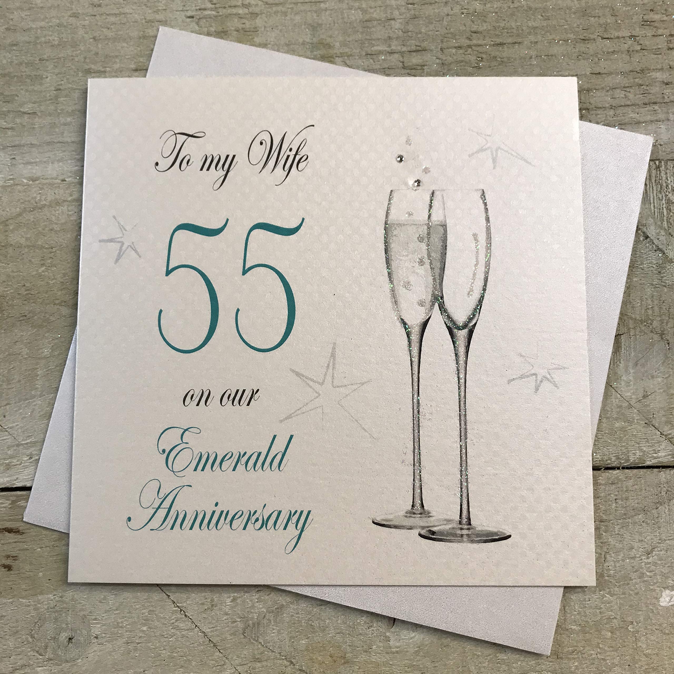 WHITE COTTON CARDS P50W Champagne Flutes To My Wife On Our Emerald Anniversary Handmade 55th Anniversary Card, White