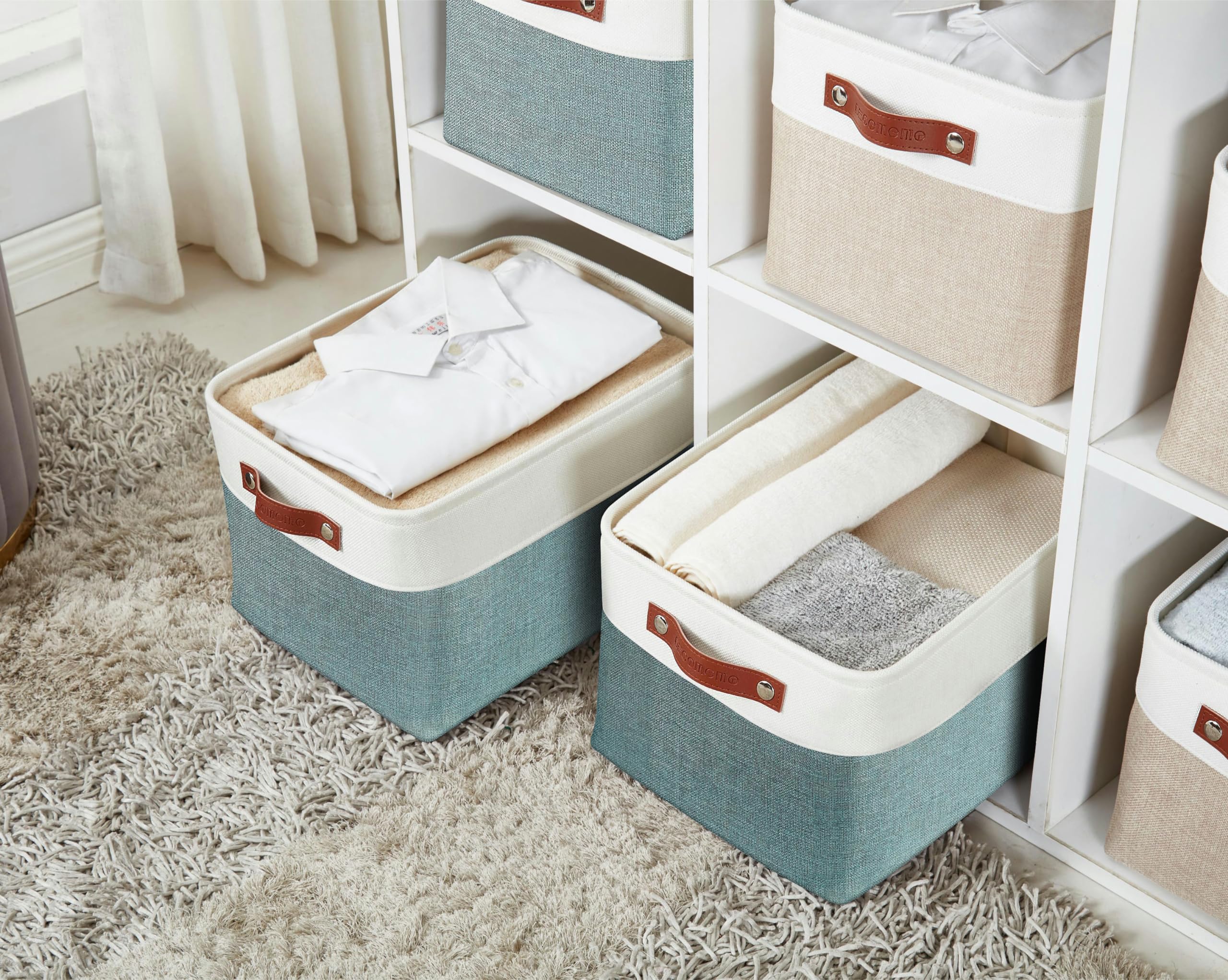 DECOMOMO Cestas de almacenamiento | Cajas de almacenamiento de tela organizadoras de almacenamiento para armario, juguetes, estantes, oficina, hogar y guardería (extra grande, verde y blanco, 15.8 x | Organizadores decorativos de lino para armario de 15.8