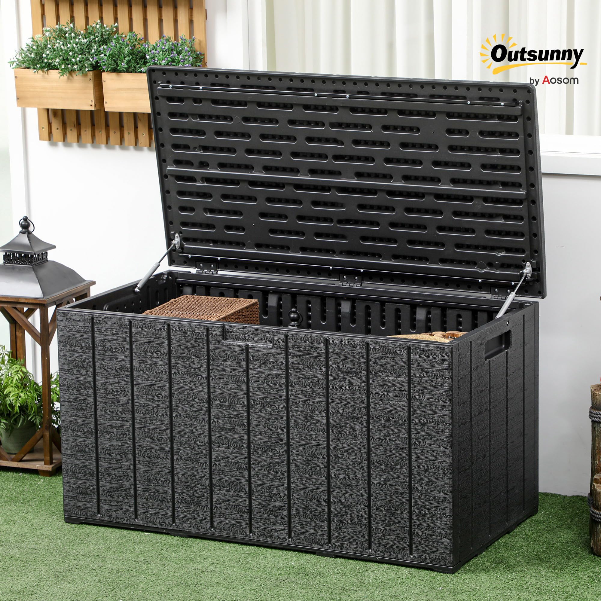 Outsunny Baule da Esterno da 366L Effetto Legno con Coperchio a Doppia Leva, 2 Maniglie e 2 Rotelle, Cassapanca Contenitore da Esterno in Plastica, 122.4x62x64.5 cm, Nero