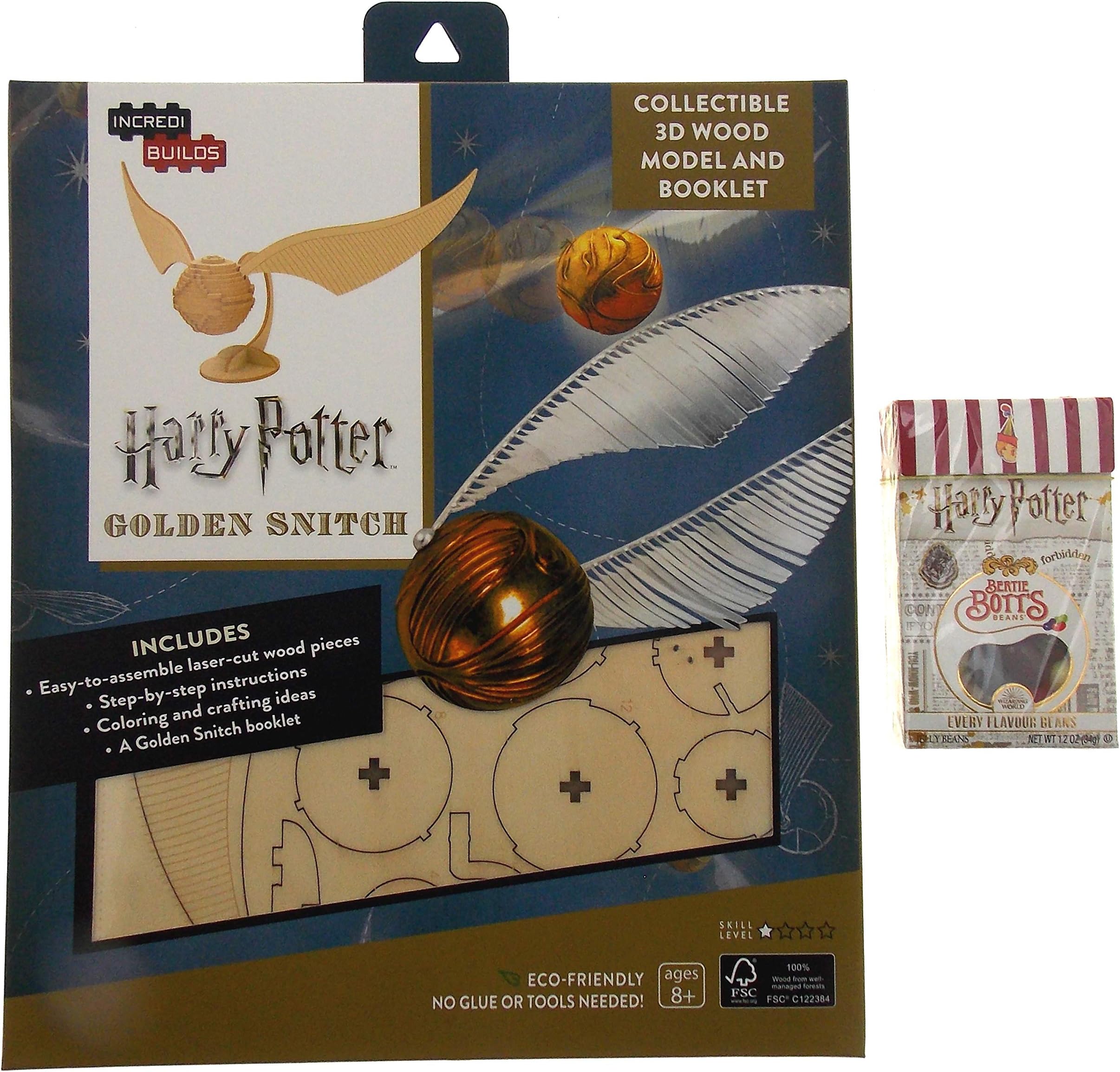 Hickoryville Incredibuilds Harry Potter Golden Snitch 3D Wood Model Bundled with Jelly Belly Harry Potter Bertie Botts Jelly Beans