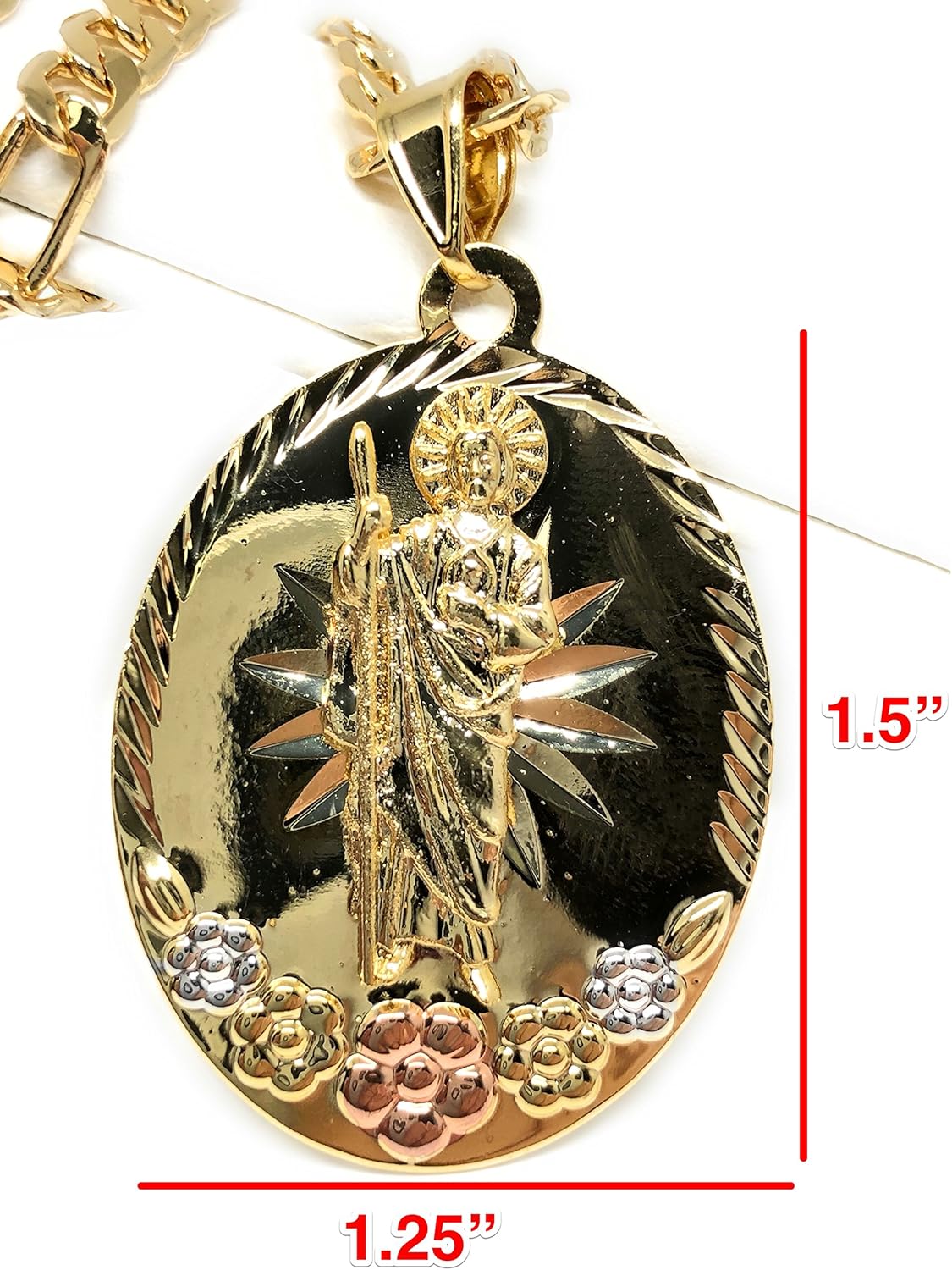 Gold Plated Saint Jude Flower Pendant Necklace Figaro 26" San Judas Tadeo Medalla Con Flores Cadena - Image 2