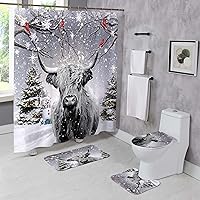 Vista 9 de Juego de 4 piezas de cortinas de ducha de invierno y tapetes de baño con diseño de bosque nevado y nevada, árbol de Navidad, decoración para bañera