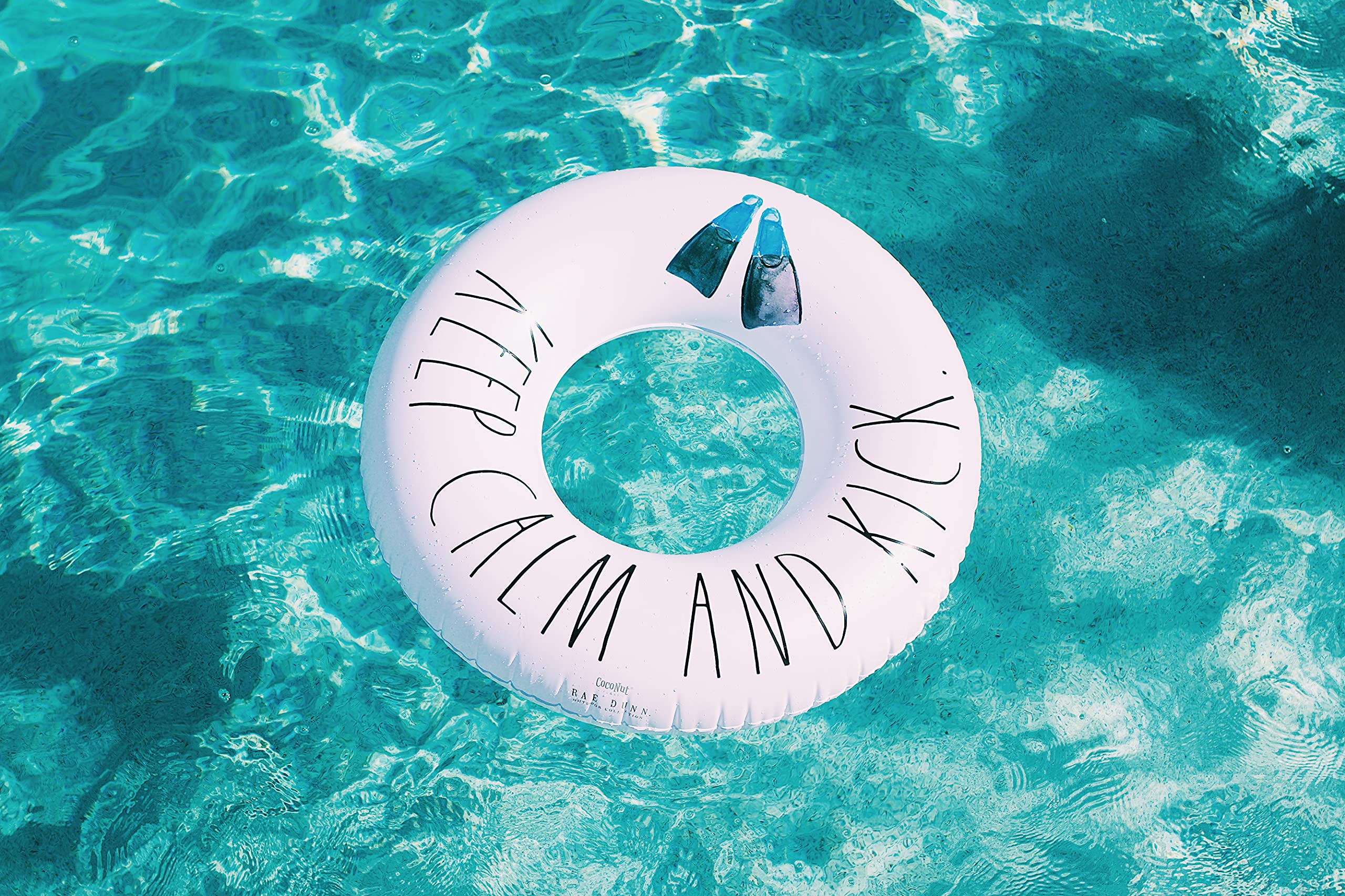 Rae Dunn x CocoNut Float Junior Ring Float - Keep Calm and Kick Theme - 32 Inch Inflatable Raft & Durable Water Inner Tube - Stable Ride-On for Summer Parties & Swim Events