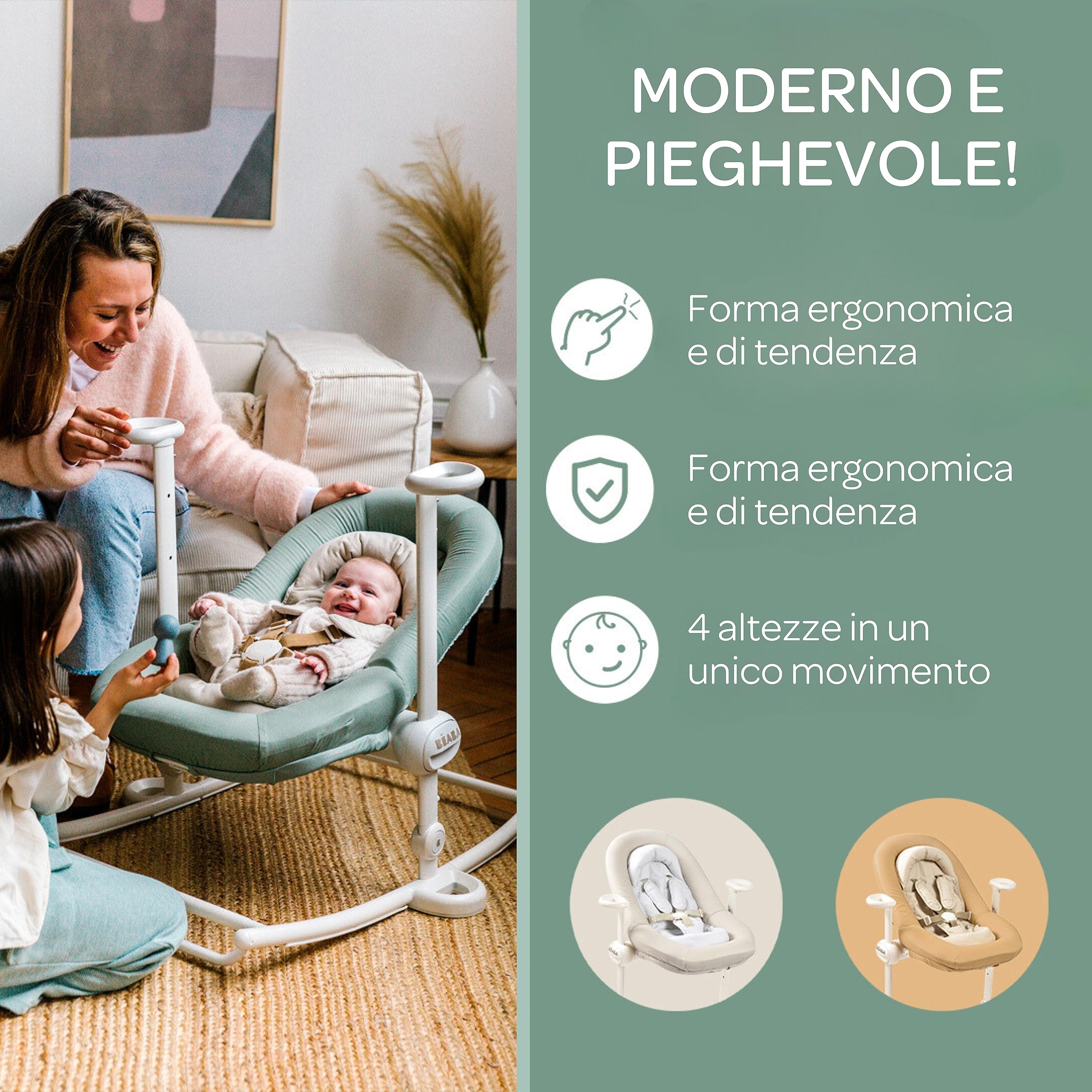 BÉABA, Sdraietta per bambini, Sdraietta Up&Down Plus,4 altezze,3 reclinabilità,Regolabile con una semplice pressione, Pieghevole,Riduttore per il parto, Seduta in 100% cotone, Finiture premium, Salvia