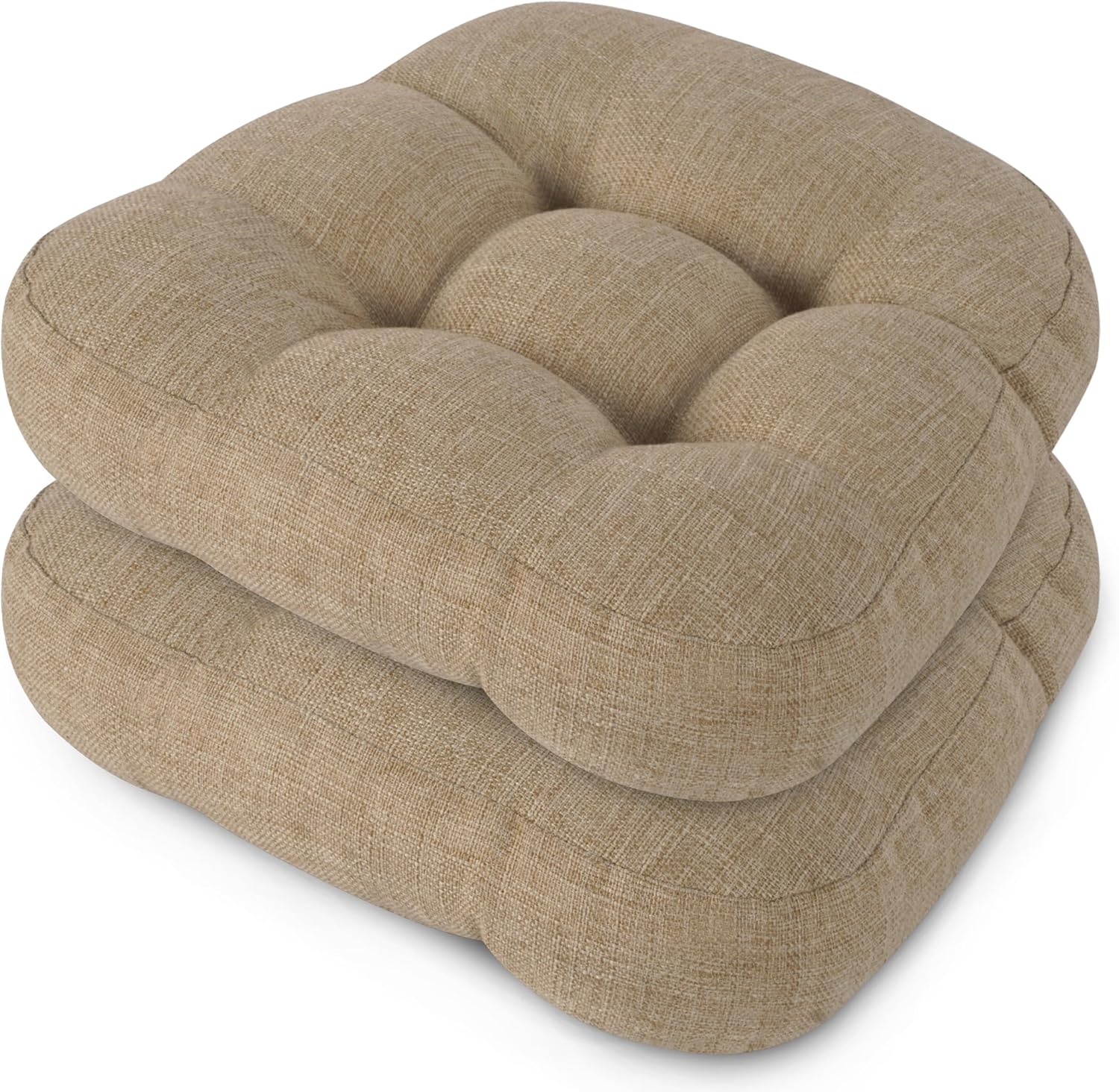 OVOV 14"x14" Metal Chair Cushions with Non Slip Bottom 2 Pack Beige | with Ties, Tufted, Textured and Soft Fabric, U-Shape, Seat Cushions for Kitchen Dining Room Cafe Bistro, Pressure Relief