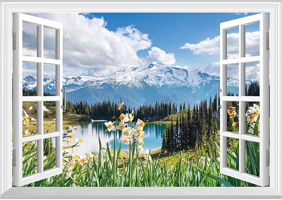 FLFK Fake Window Wall Mural - Lavender Flower Field View, 80"x60" Peel & Stick Decal, Set Of 5 Panels - View #2