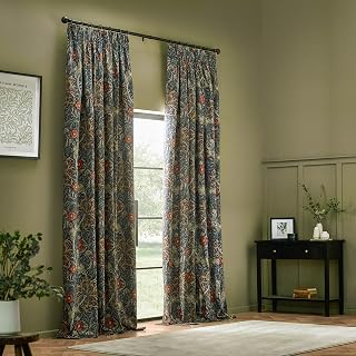 Seaweed Pencil Pleat Curtain Pair – Lined Velvet Floral Art Nouveau Drapes (Indigo - 229x229cm)