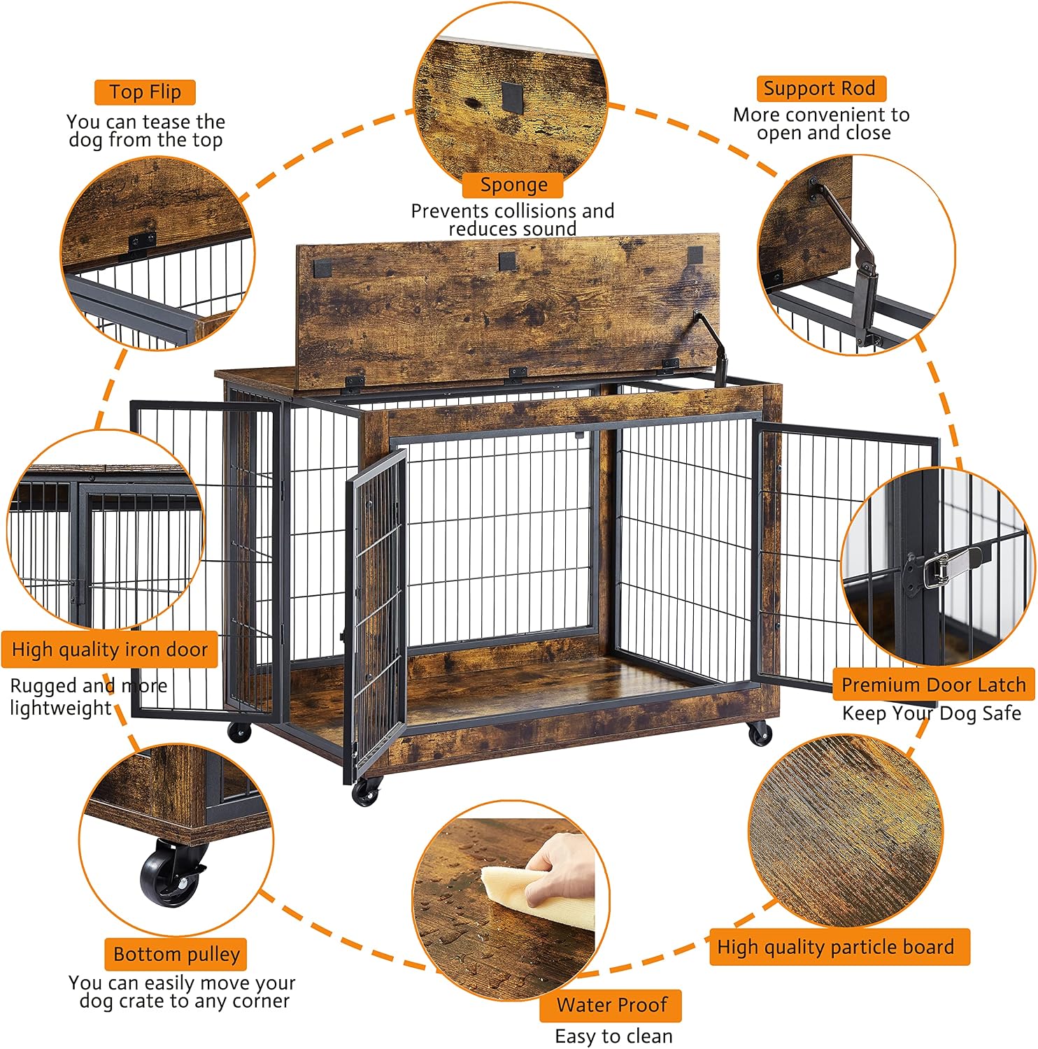 LIFESKY Dog Crate Furniture: Wood Pet Cage Home End Table for Small & Large Dogs - Industrial Double Doors Chew-Proof Dog House Dog Kennel Indoor, Rustic Brown