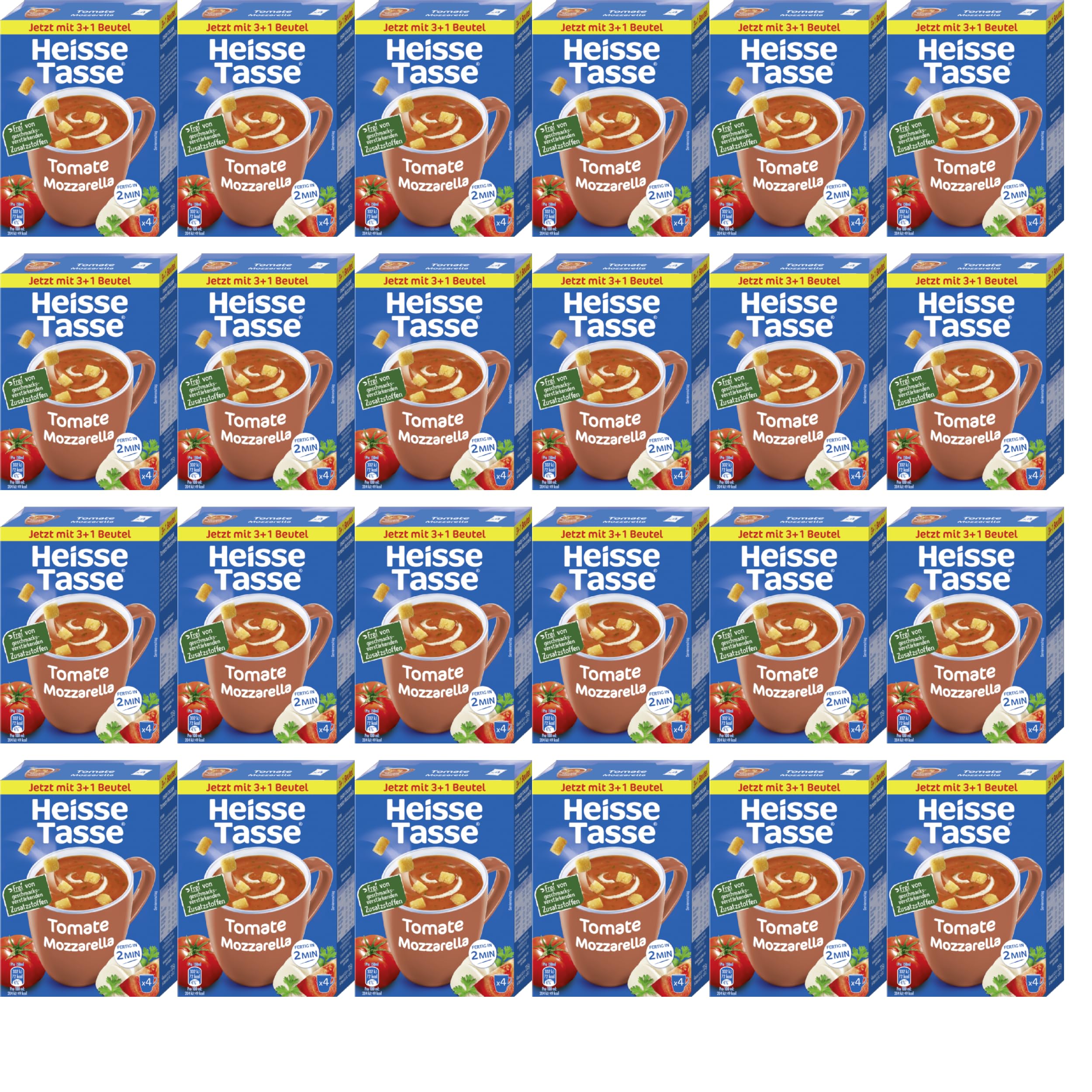Heiße Tasse Tomate Mozzarella Vorteilspack Suppe, 24er Set | 96 Suppenportionen, Tomate und Mozzarella, schnelle Zubereitung, ideal für Zuhause, Büro oder Vorrat
