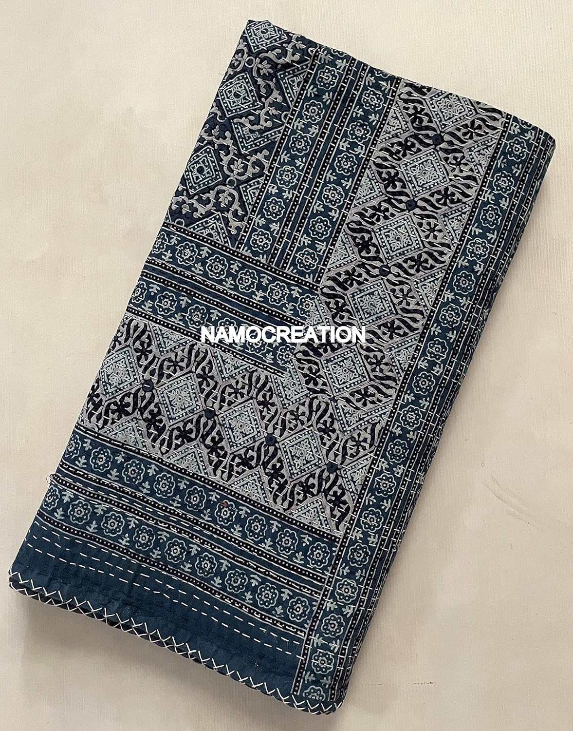 Ajrakh Print Cotton Kantha Handmade Quilt Handblock Sofa Cover Bohemian Bedspread Reversible Throw Blanket California King/Queen/Twin Size (Blue 3, 90X108 Inches)