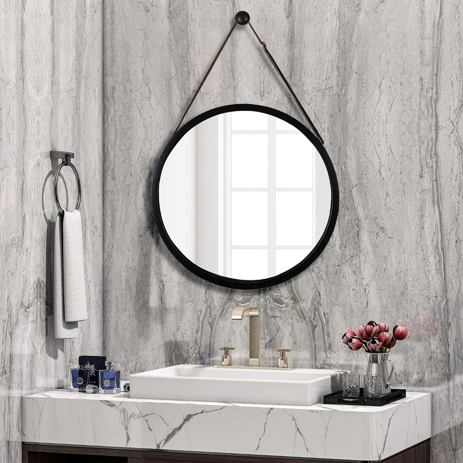 Domax Round Wall Mirror- Black Circle 15 Inch Mirror Bamboo Frame with Adjustable Hanging Leather Strap for Bedroom Bathroom Living Room Entryway Vanity