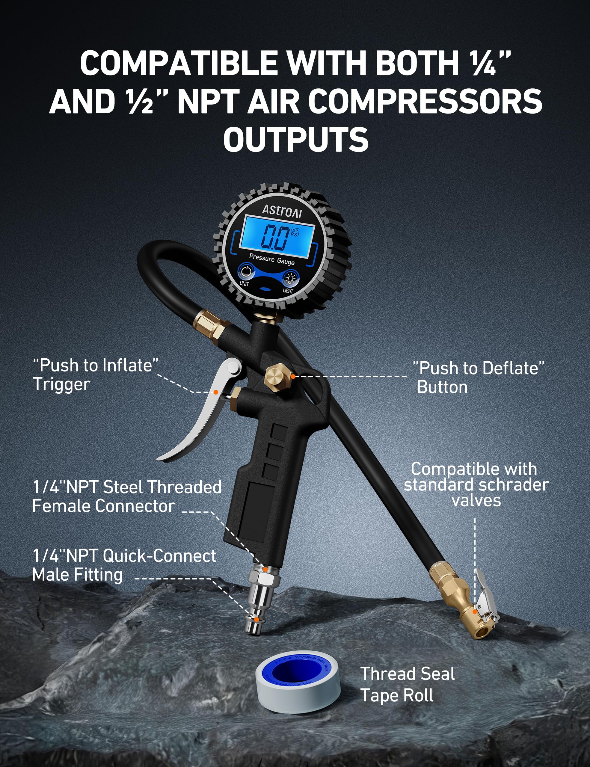 AstroAI Digital Tire Inflator with Pressure Gauge 3-250 PSI, Industrial Tire Pressure Gauge, Heavy Duty Air Compressor Accessories with Air Chuck for Car, SUV, Truck, Motorcycle, Standard 250PSI - 3