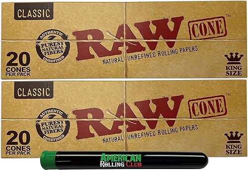 RAW Classic Conos preenrollados Tamaño King Paquete de 20 unidades Incluye 40 conos preenrollados con puntas y tubo American Rolling Club
