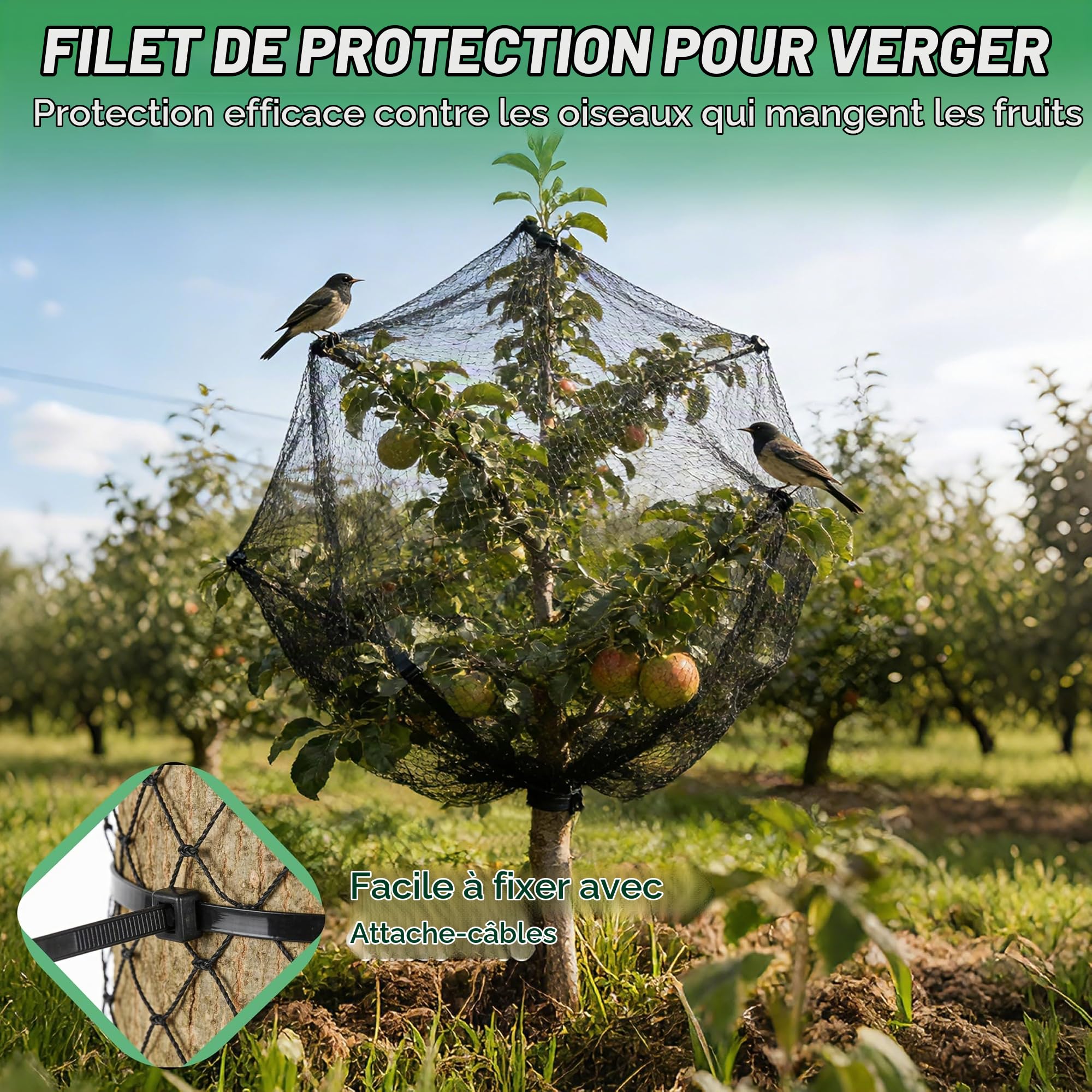 Filet Anti-Oiseaux pour Bassin 8×8m, à Mailles Fines (15×15mm), Anti-Feuilles, 20g/m², Tressé à 3 Brins, avec 20 Piquets de Fixation et 30 Serre-Câbles, pour Jardin et Potager (64m² - 8x8m)