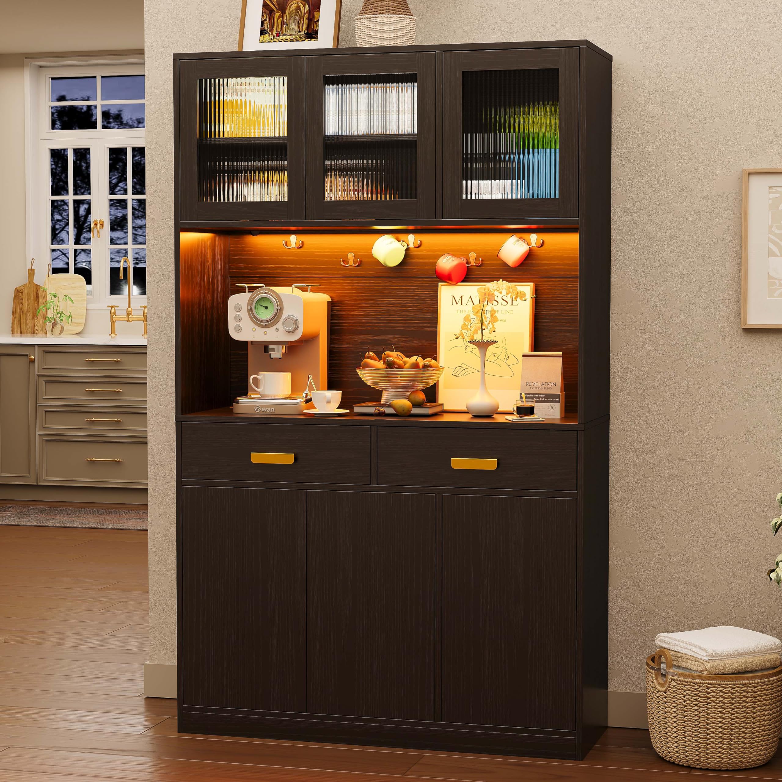 IRONCK Küchenschrank mit Arbeitsplatte, Küchenbuffet mit Steckdose, Schwarz